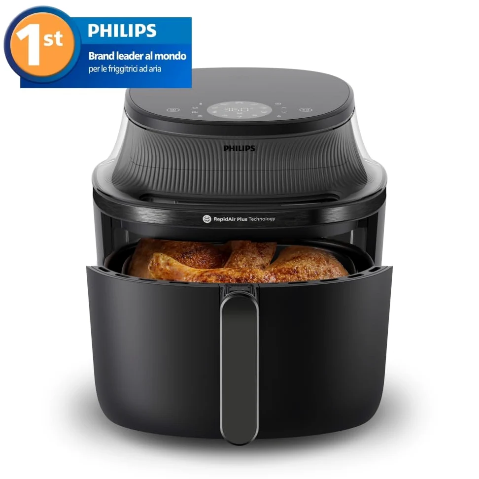 Philips Airfryer Serie 3000: Friggitrice ad aria da 6,2L con finestrella, Tec. RapidAir Plus, 16 modalità di cottura, 90% grassi in meno, facile da pulire, touchscreen, risparmio energetico (NA330/00)
