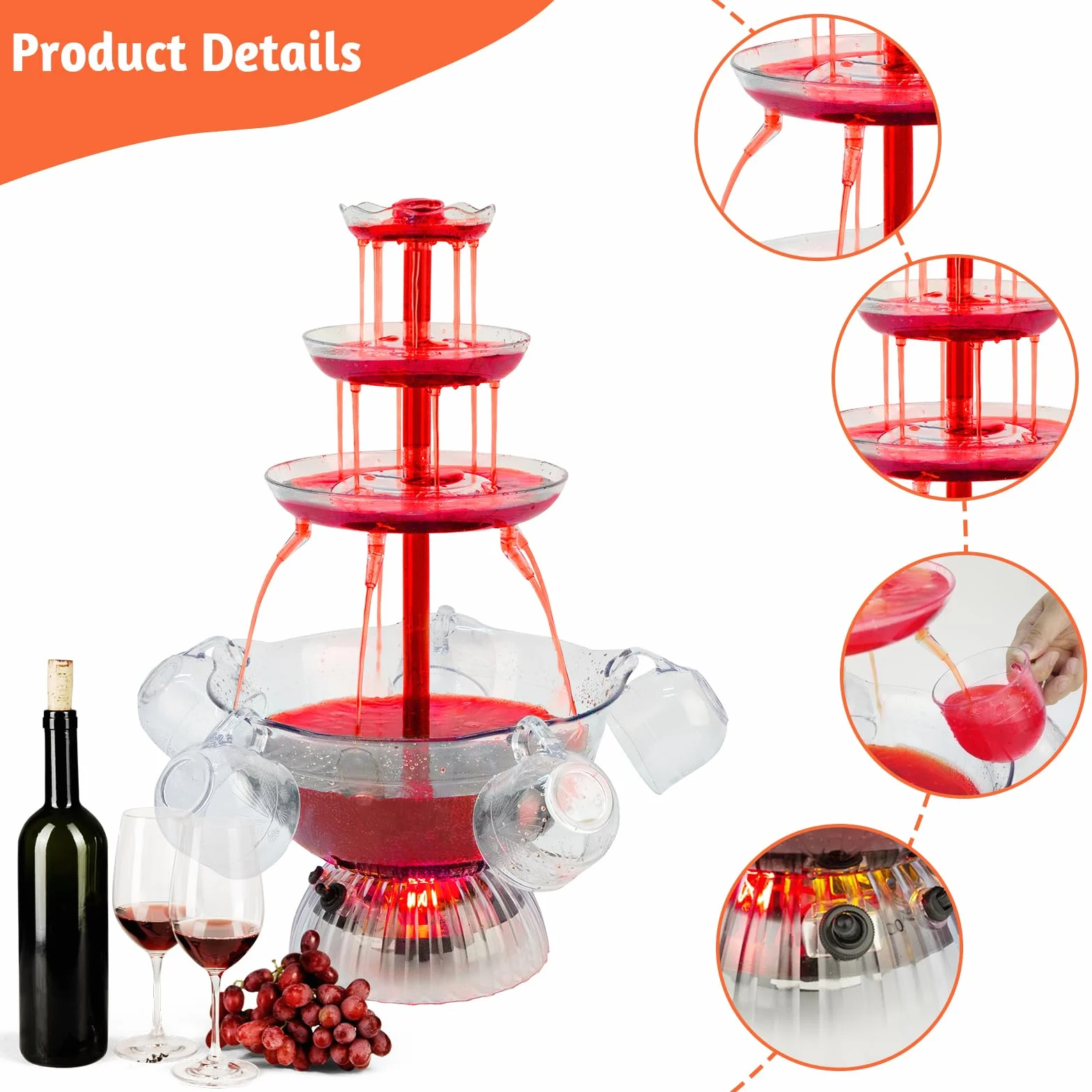 Fontana trasparente a 3 livelli, fontana per feste di vino rosso, con 5 tazze, per vino liquido, base illuminata a LED, posizionamento stabile, per giochi da bere, bar, feste di compleanno