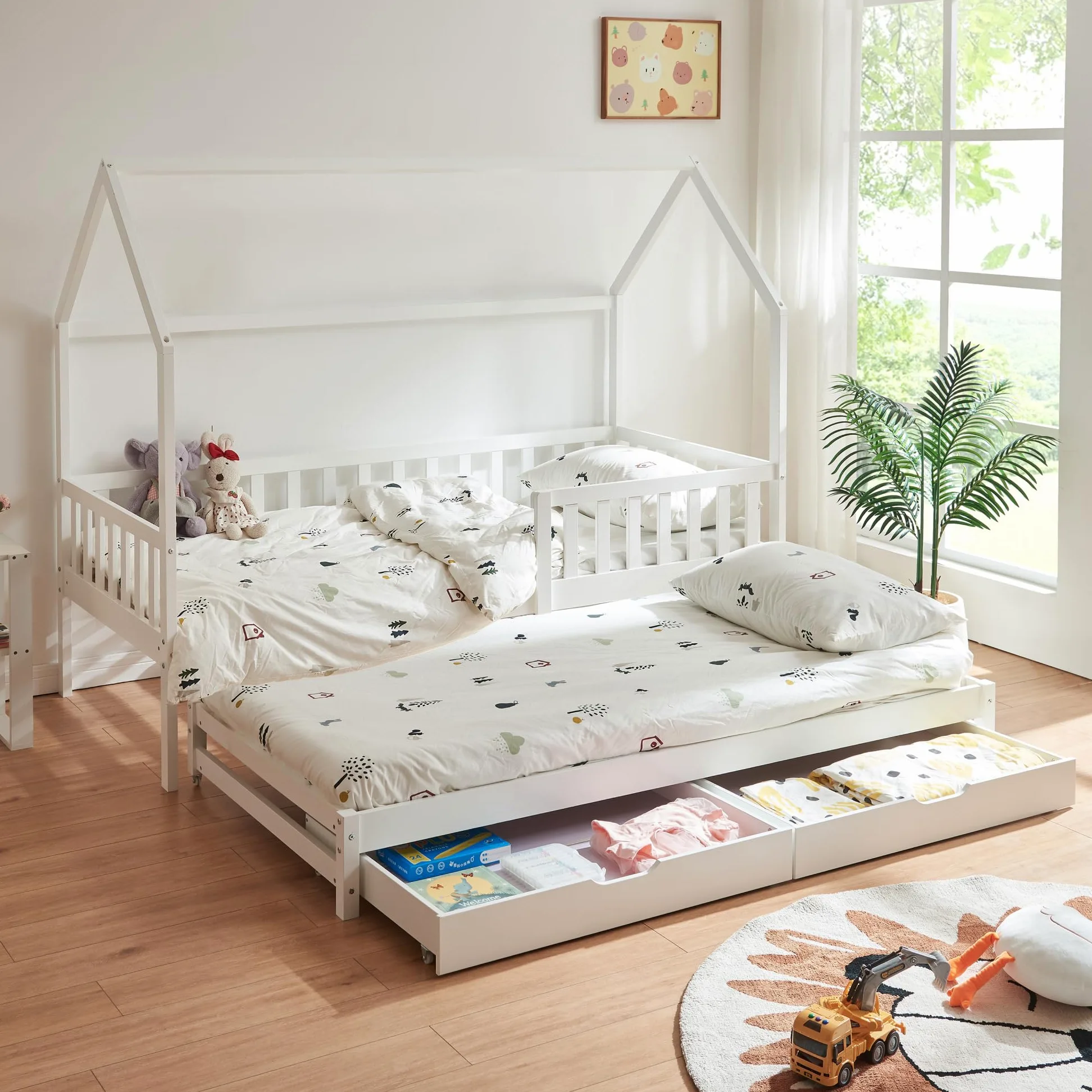 [en.casa] Letto per Cameretta a Forma di Casetta con Letto Estraibile Struttura in Legno di Pino a 2 Piazze con Barriera Anticaduta e 2 Cassetti 90x200 cm - Bianco