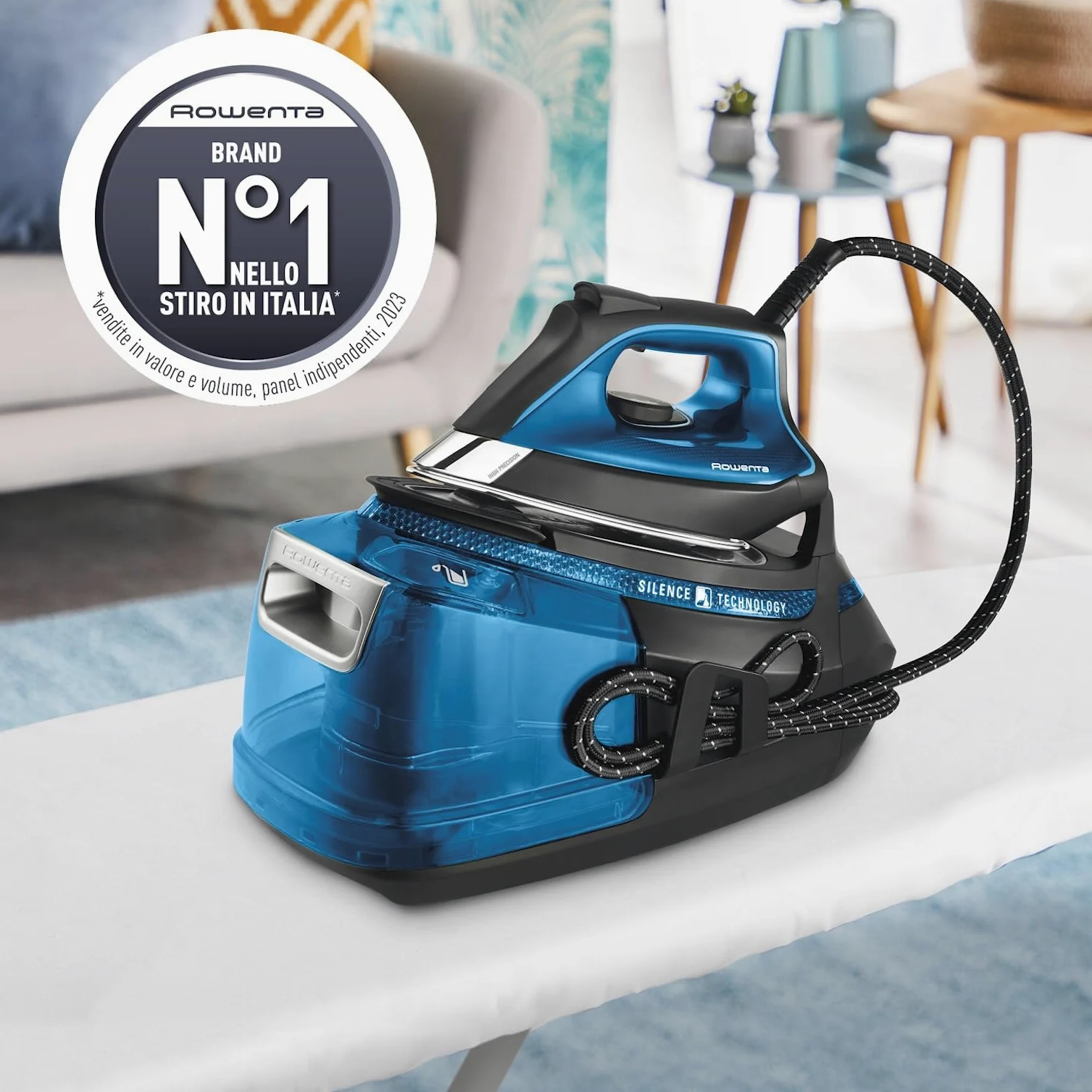 Rowenta Silence Steam Pro DG9222, Ferro da Stiro con Caldaia Silenziosa, 2800W, 1.3 L, Ferro da Stiro a Vapore 7.5 bar, 480 g/min, Colore Nero/Blu