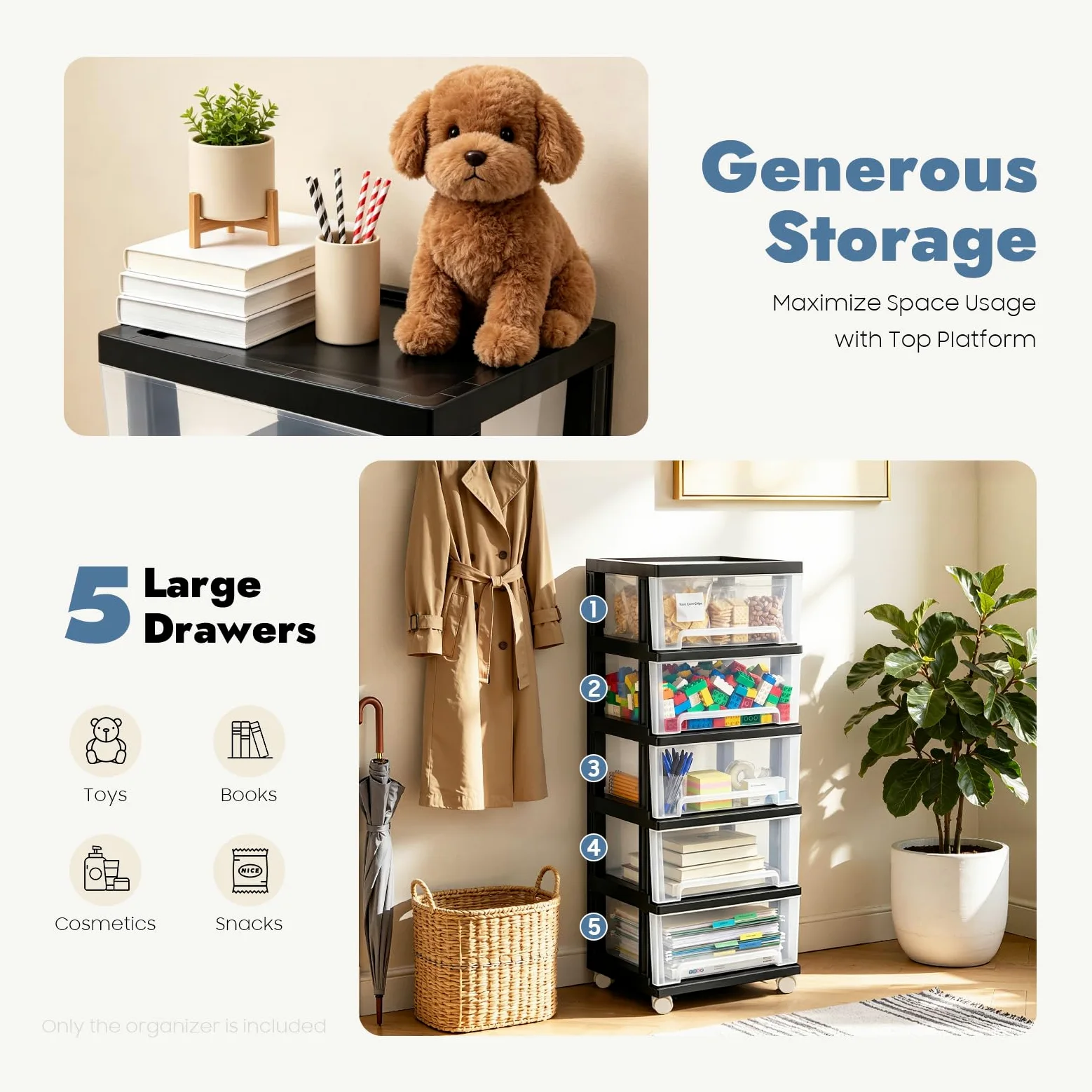 Organizer con 5 cassetti, per camera da letto, cassettiera, cassettiera con ruote, per corridoio, soggiorno, bagno, scuola, ufficio