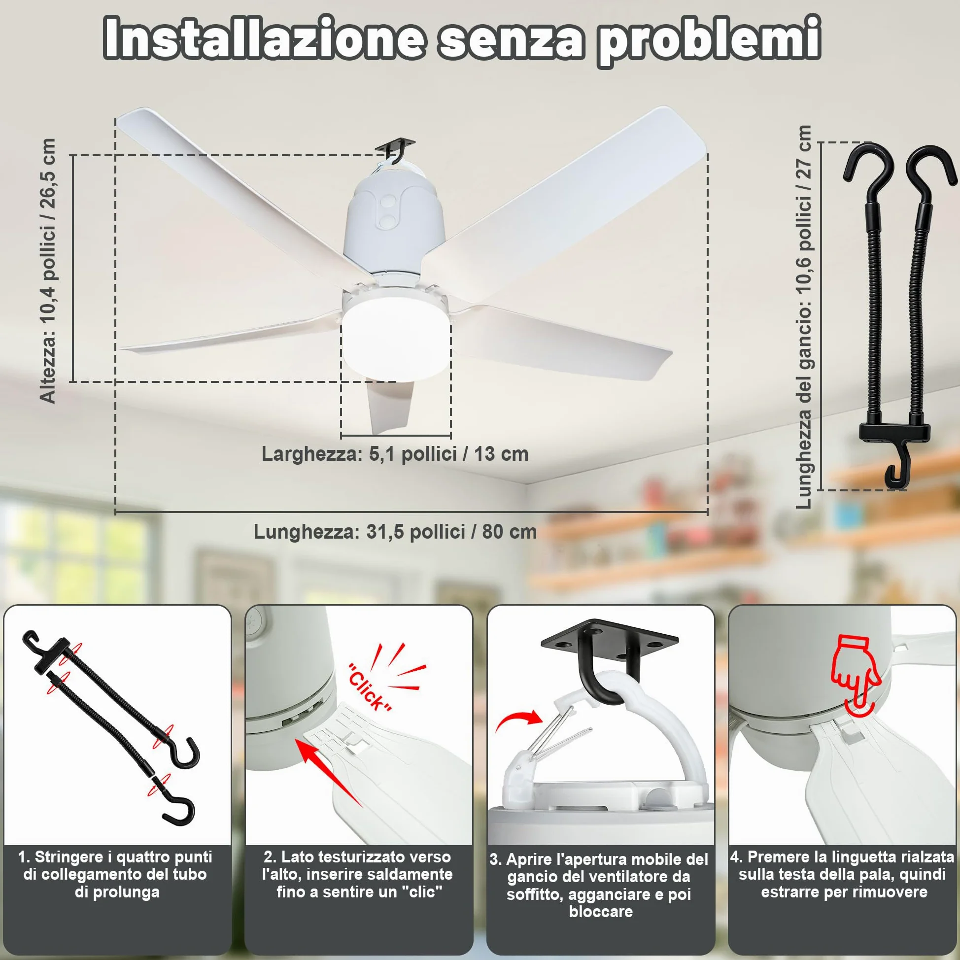Ventilatore Da Soffitto Con Illuminazione Per Esterni, 40000MAh Batteria, Grande Ventilatore Da Soffitto Portatile Con Luce, 3000K-6000K Dimmerabile, Telecomando Per Esterni, Campeggio, Gazebo (80CM)