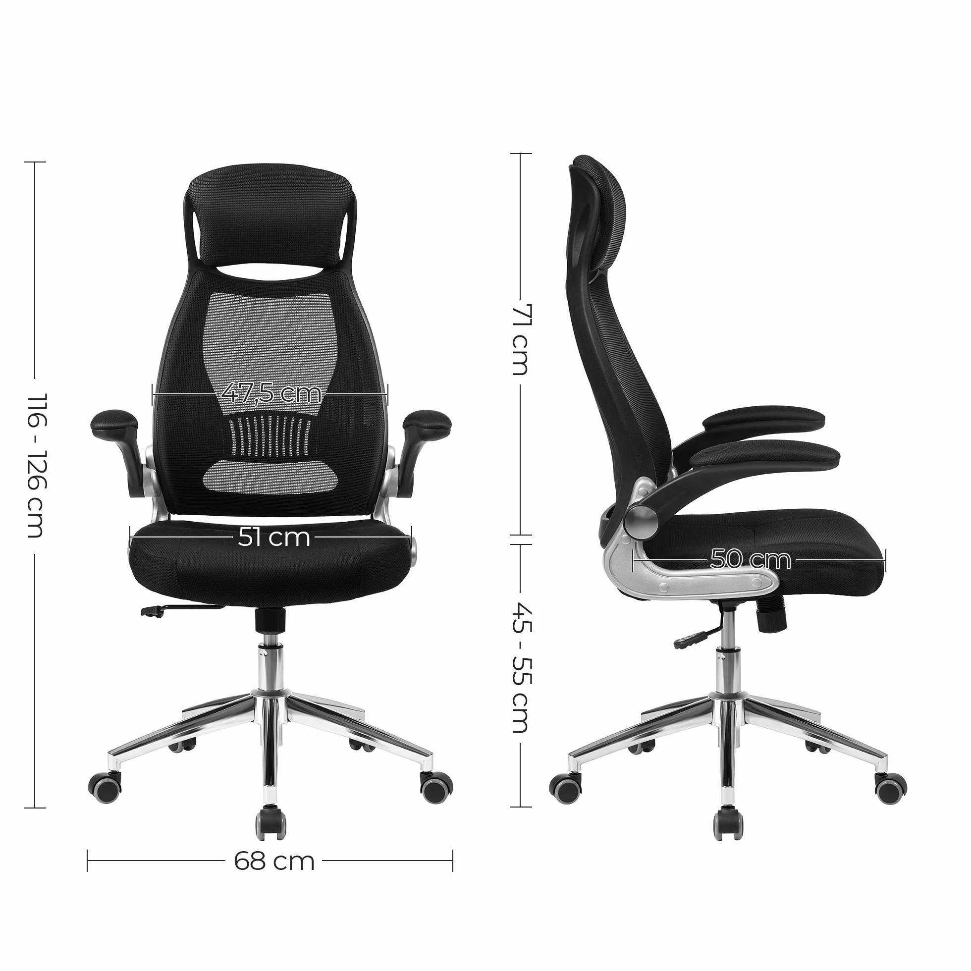 SONGMICS OBN86BK Sedia da ufficio ergonomica, girevole, con braccioli regolabili in altezza, schienale in tela traspirante, nera, 64 x 55 x (117-126,5) cm