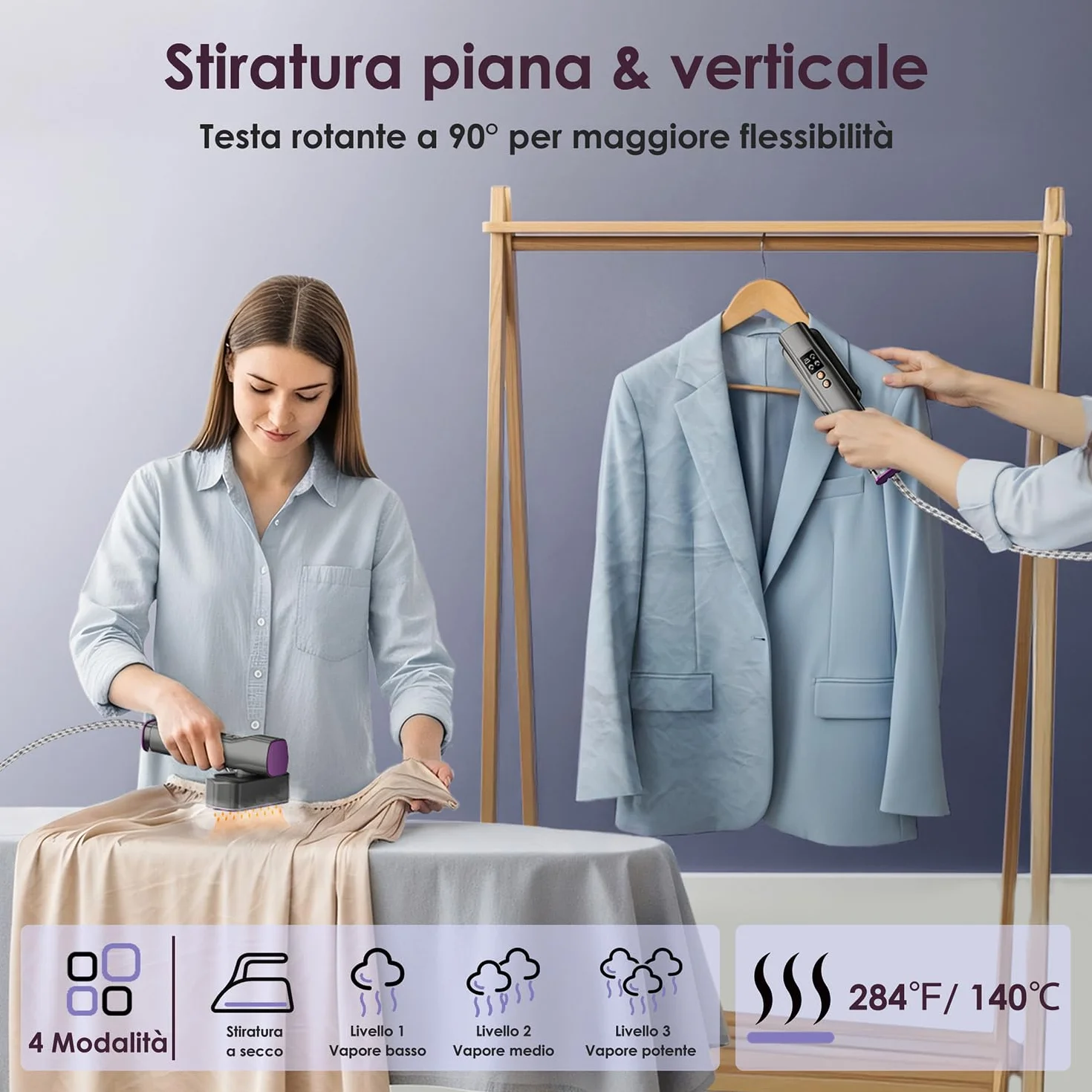 VIWAVE Ferro da Stiro Verticale 1200W Dual Voltage 100-240V 2-in-1 con 4 Modalità Display LED Portatile