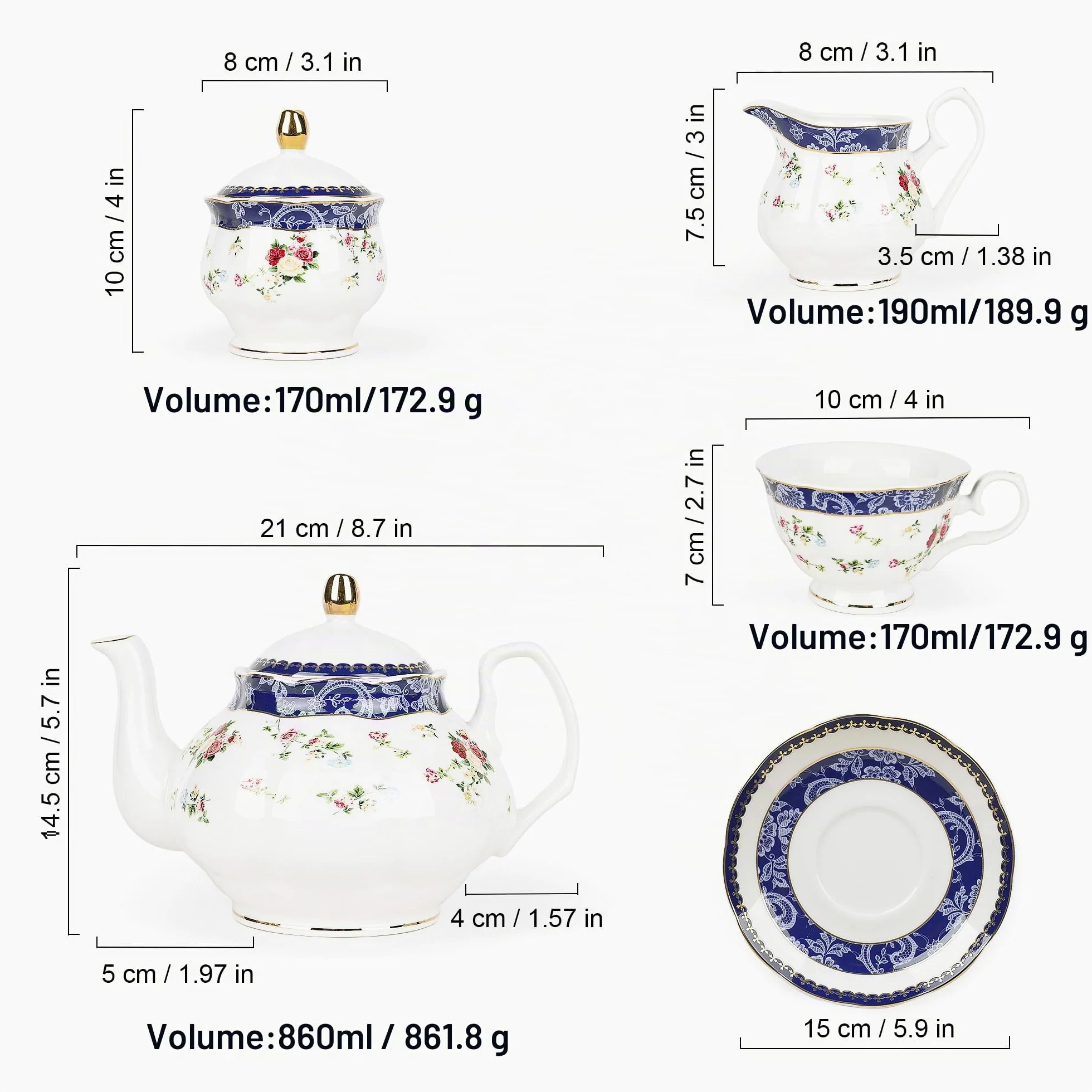 fanquare 21 Pezzi Set da Tè Pomeridiano Britannico con Rose Blu, Moderno Set di Teiere in Porcellana, Set di Tazze da Caffè Vintage con Piattino, Servizio da Tè per Adulti per 6 Persone