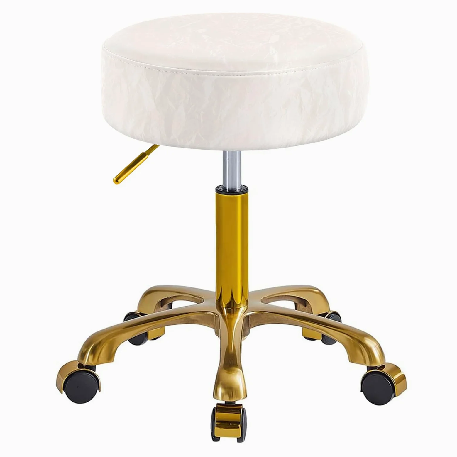 Dorato Sgabello con Ruote, Sedia con Rotelle Regolabile Altezza, Motivo Ghiacciaio Pelle PU, Trucco Sgabelli Girevole per Trucco, Salone e Spa, Capacità 400 Libbre (Bianco, Senza Schienale)