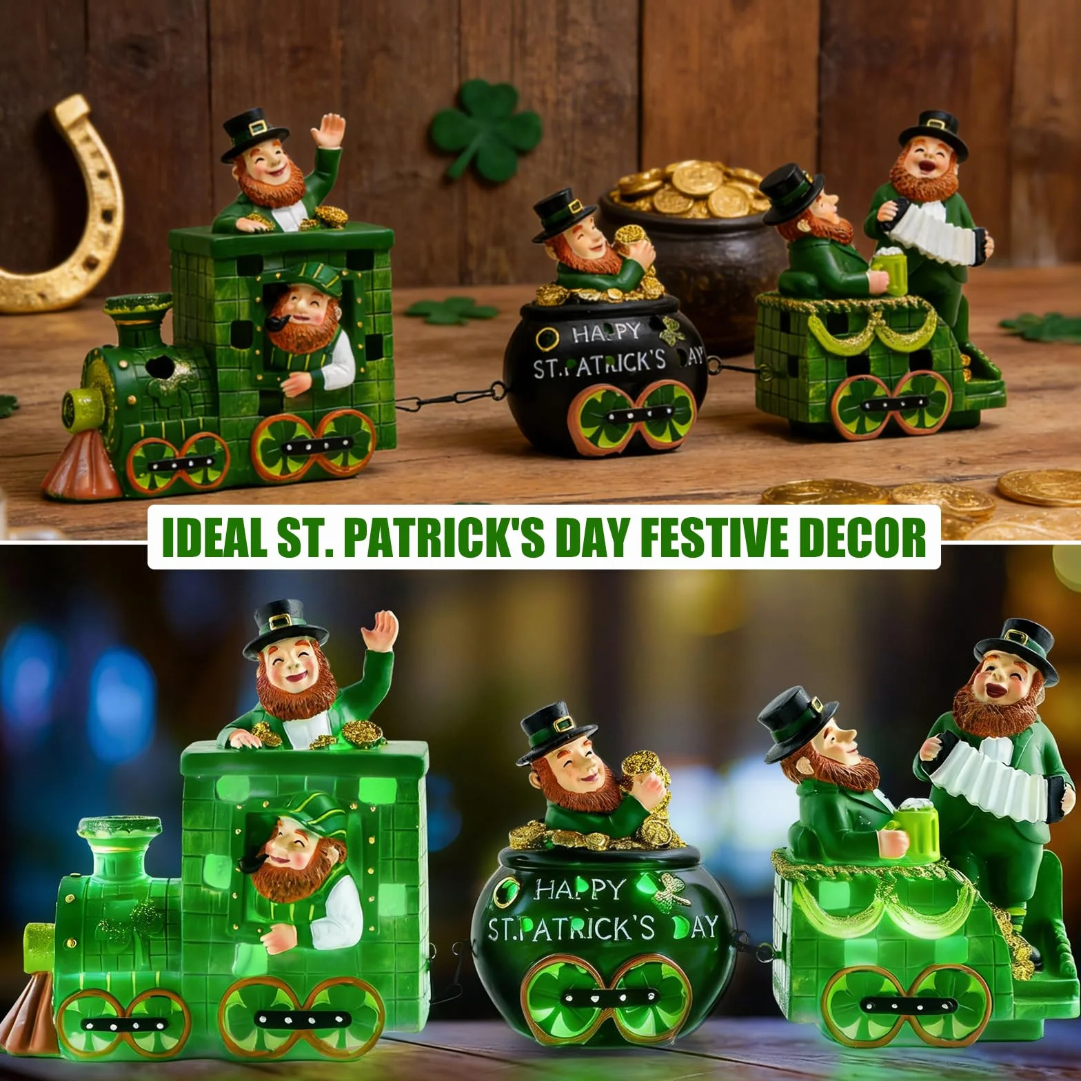 3 decorazioni per il giorno di San Patrizio dell'Irlanda, statuetta con leprechaun illuminato in resina irlandese, centrotavola da tavolo per la casa