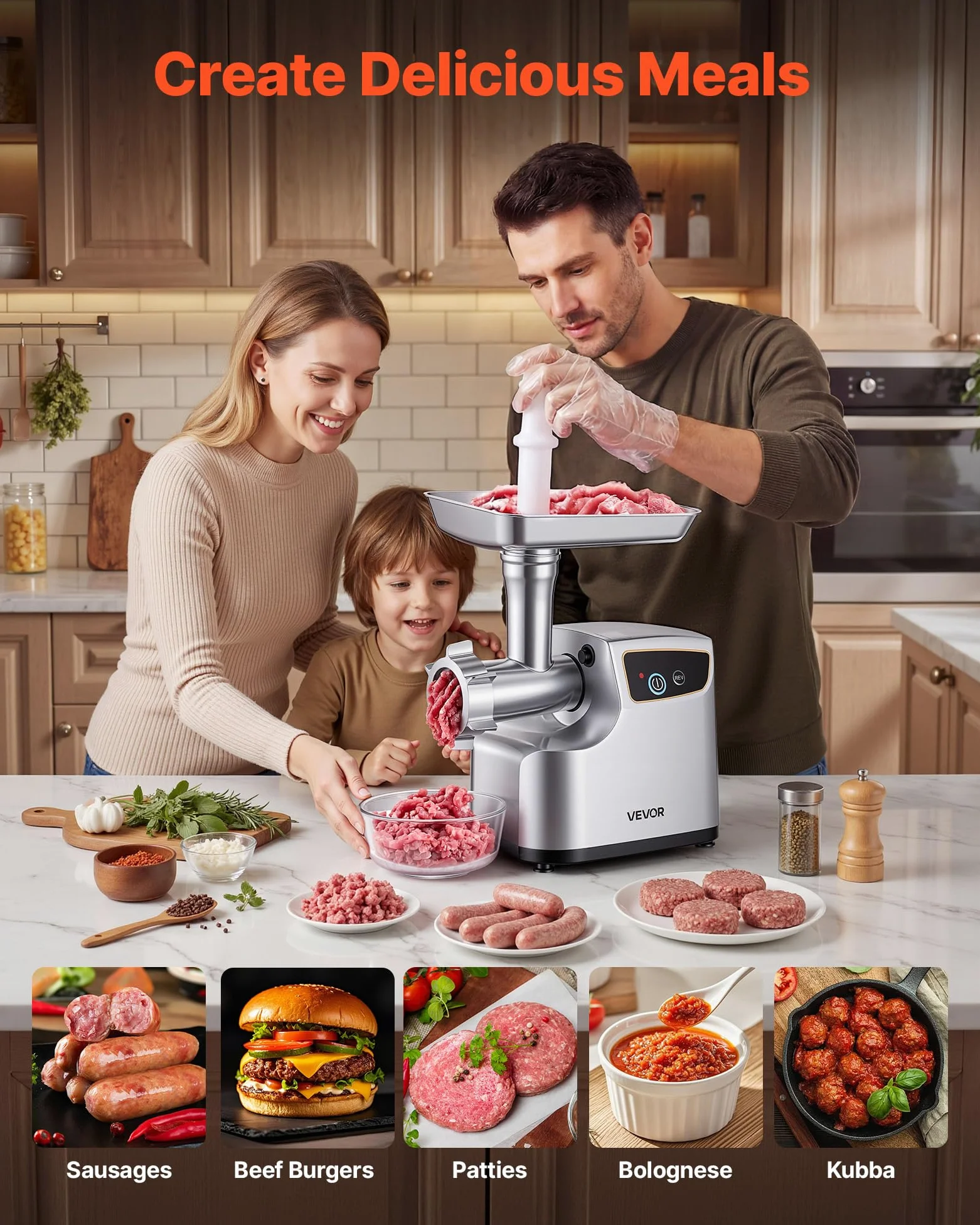 VEVOR Tritacarne Elettrica 700 W da Cucina in Acciaio Inox, Tritacarne Capacità 2,3 kg/min con 3 Dischi 3 Tubi per Salsicce Salami Carne con Piedini Antiscivolo, Cucina Commerciale Ristorante Hotel