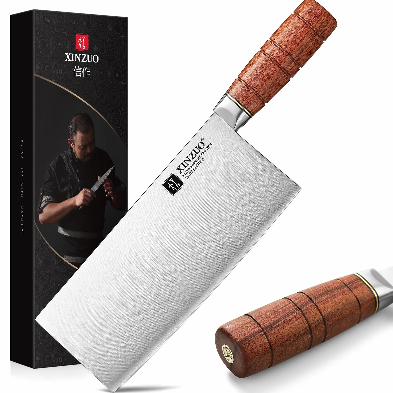 XINZUO 20,5cm Coltello da Cuoco Cinese Acciaio Composito 3 Strati Coltello da Chef Multifunzione -Professionale Acciaio Inossidabile Tagliente Mannaia Cinese -Manico Ergonomico in Red Wood