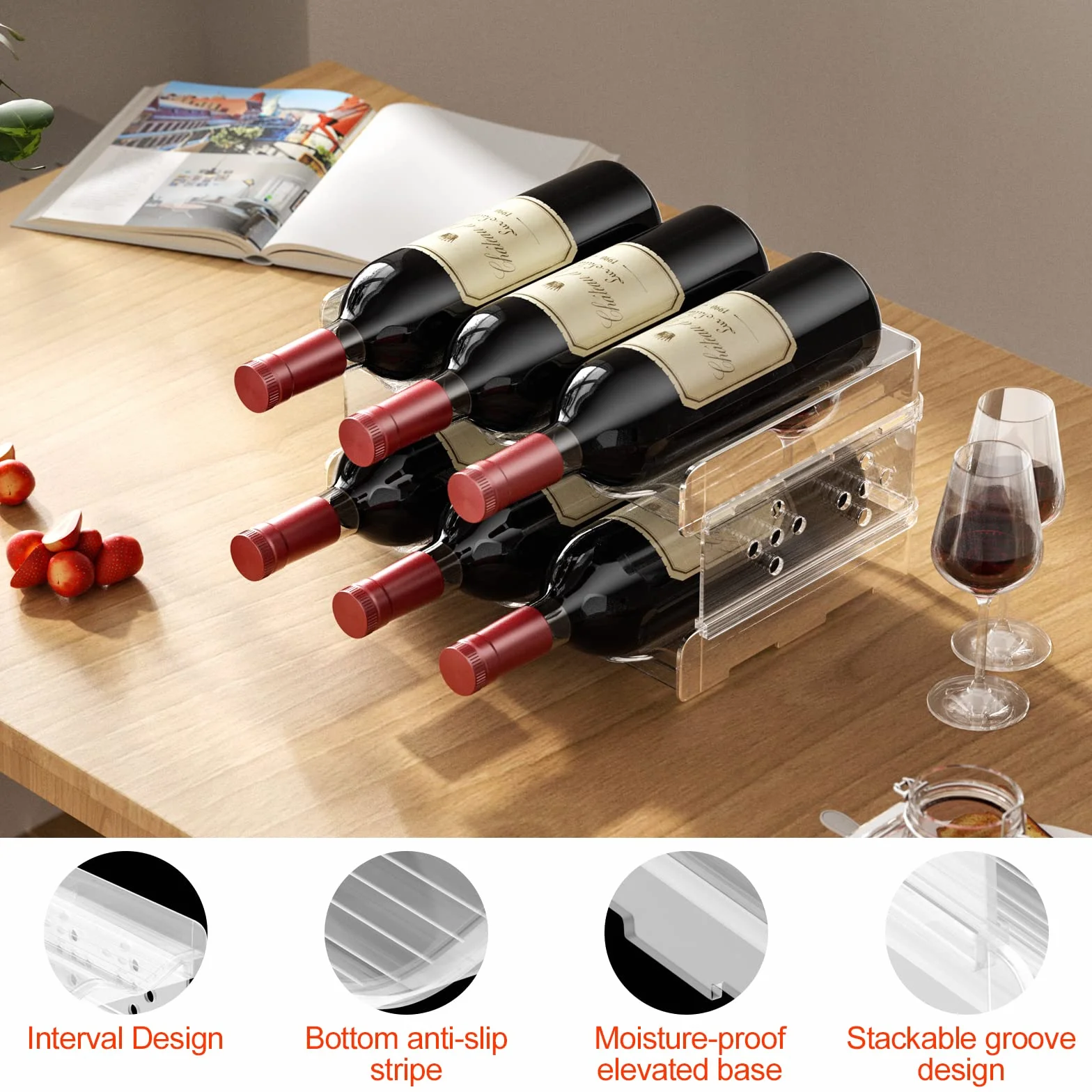 Relota Set di 2 Portabottiglie in Plastica per Vino e Acqua, Impilabile Verticale, Contiene 6 Bottiglie