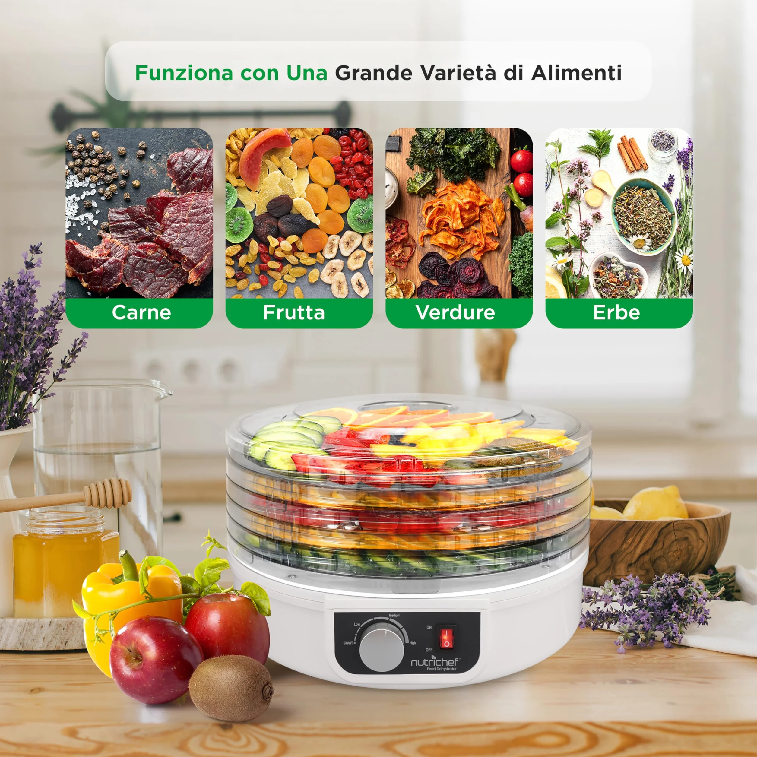 NutriChef Essiccatore Alimentare 5 Ripiani per Carne, Funghi, Frutta e Verdura con Circolazione Aria Calda, Facile da Pulire, Essiccatore Domestico Compatto