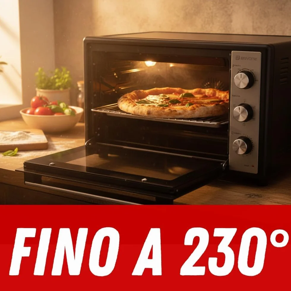BEHOME Forno Elettrico Ventilato Piccolo 48L da tavolo, Temperatura fino a 230°, Timer 60 min, Forno elettrico da tavolo con griglia, teglia e sollevatore griglia inclusi, antiaderente, doppio vetro