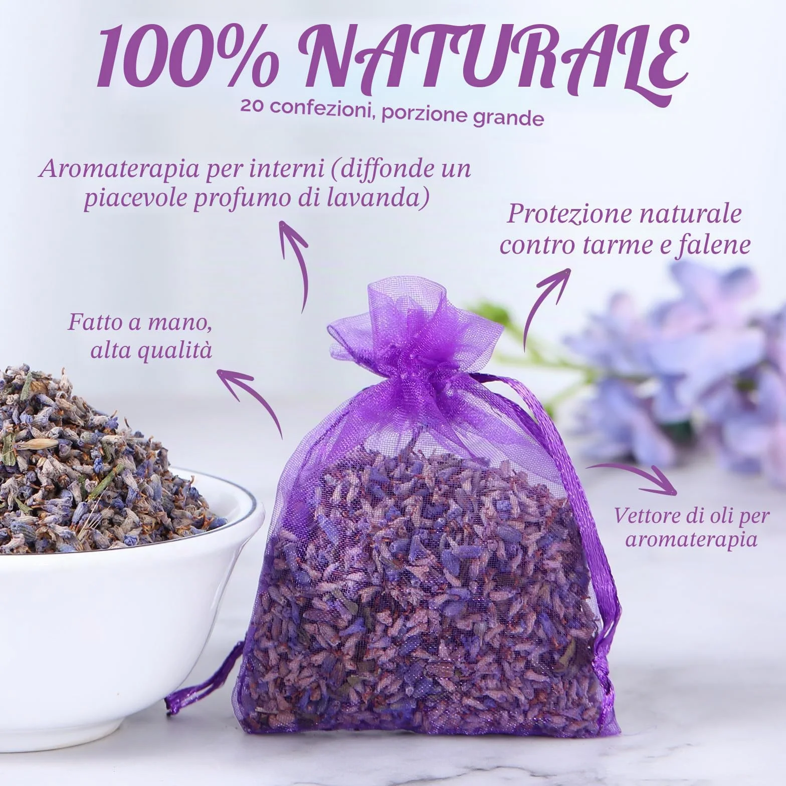 Zanfqvo 20 Sacchetti Profumati Lavanda - Lavanda Vera Essiccata per Armadi e Guardaroba - Protezione Antitarme - Profumatori per Cassetti e Ambient