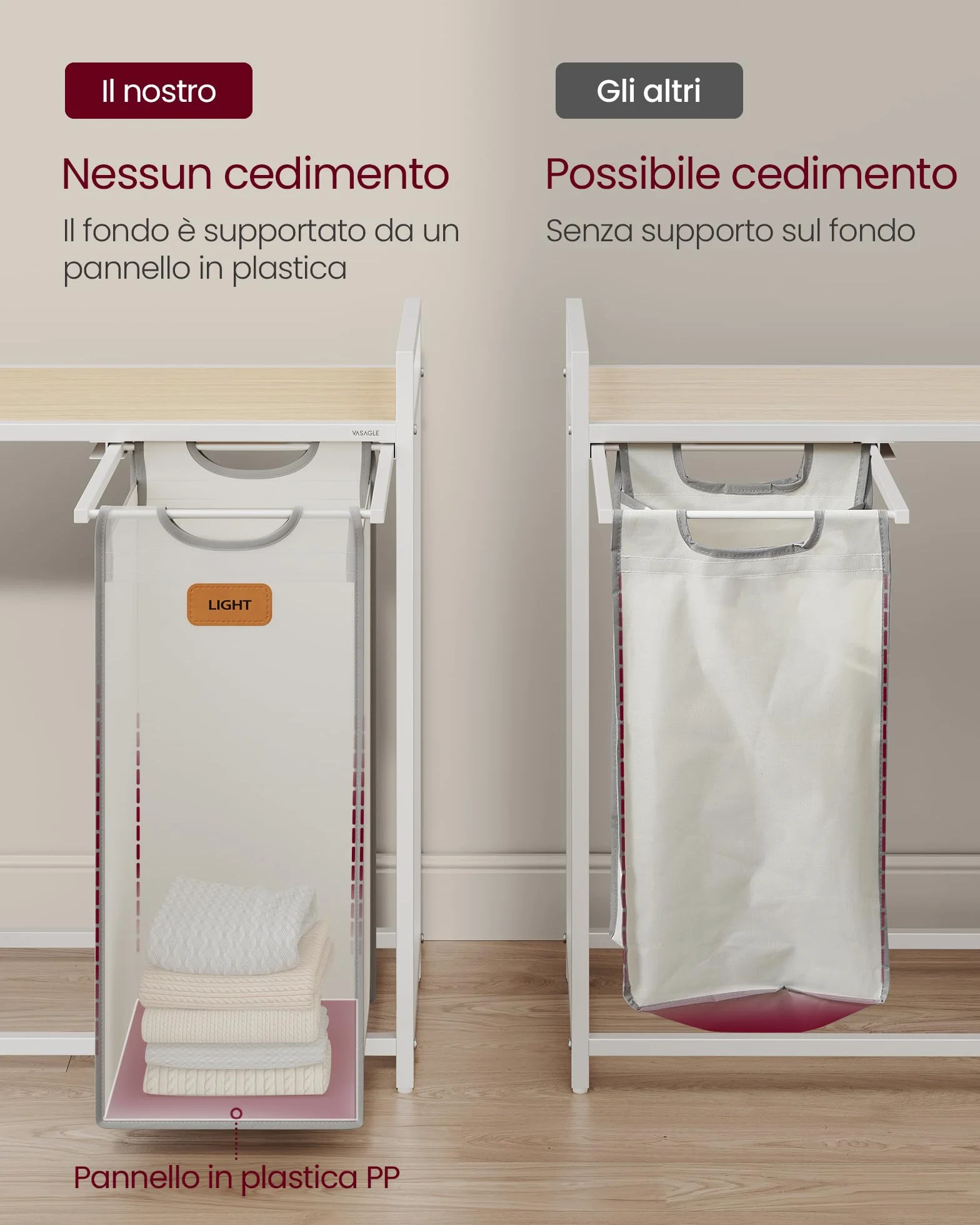 VASAGLE Carrello Portabiancheria 4 Scomparti 150 L con Piano e Sacchi, Beige Naturale Grigio Tortora Bianco Crema