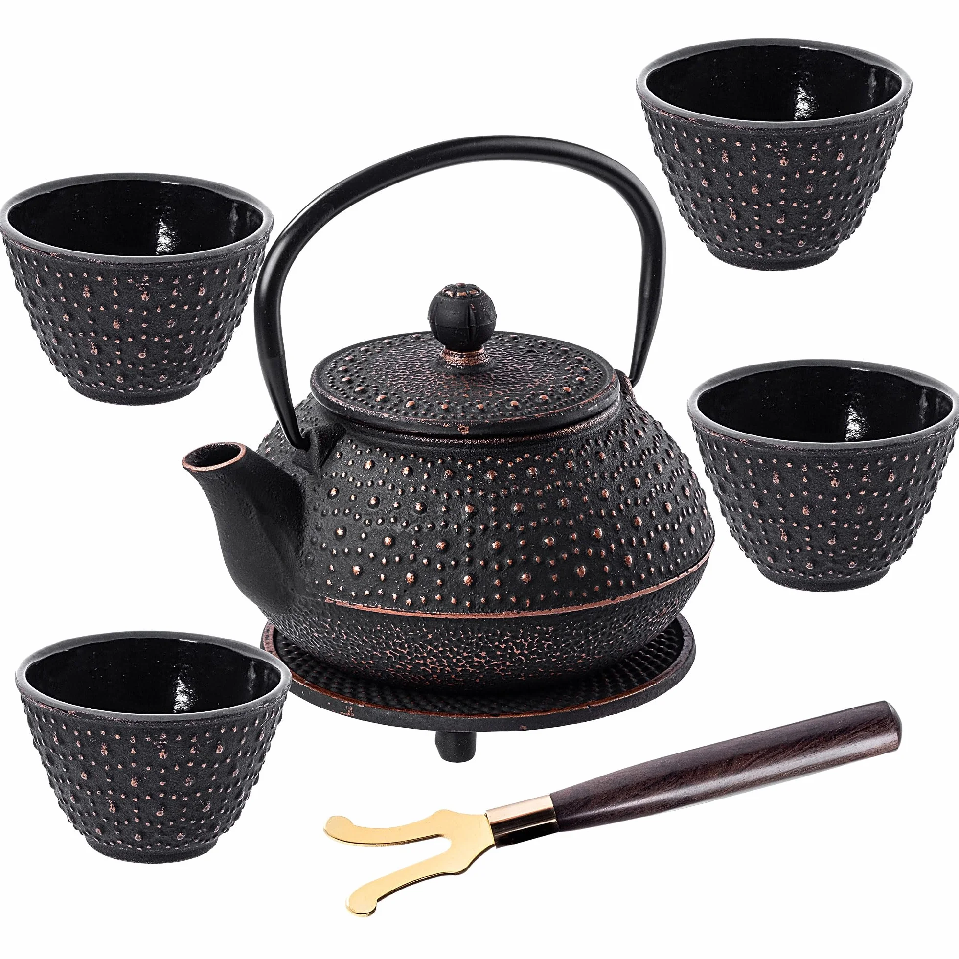 KADAX Bollitore in Ghisa con Tazze, Servizio da Tè Giapponese Tradizionale, Set con Filtro a Rete e Teiera con Manico Robusto (Nero)