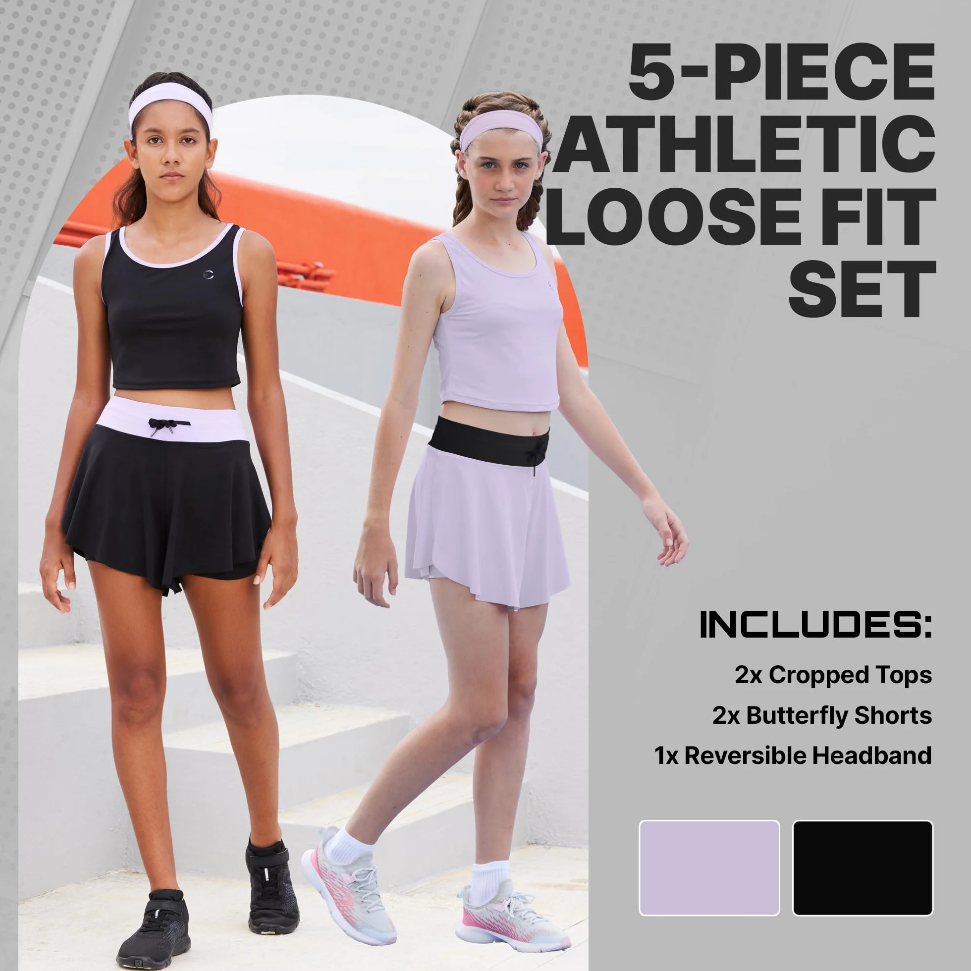 Girls Butterfly Shorts Skirts with Pockets & Athletic Sleeveless Tank Tops 5pc Set