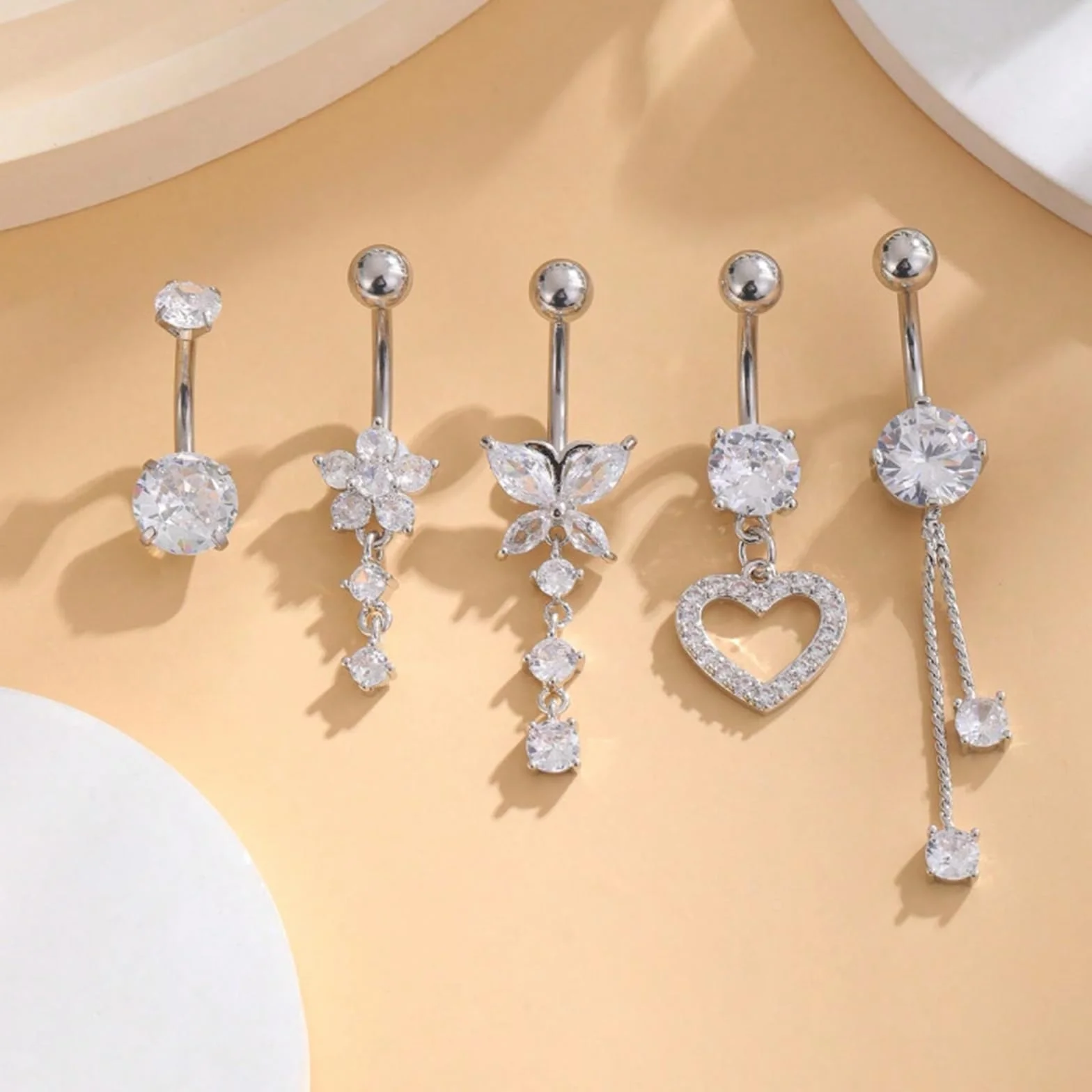 Piercing Ombelico per Donna, Perla Clicker Barbell Anello Set, Cuore Farfalla Gioielli Diamante Lungo Barbell 11 Pcs