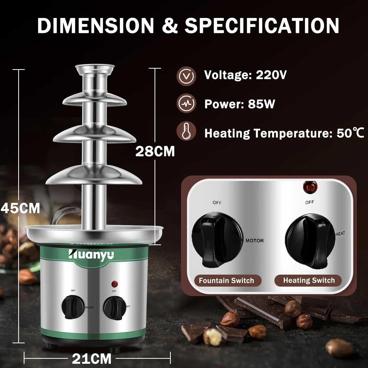 Huanyu 4-tier fontana di cioccolato grandi set di fonduta per il cioccolato Fontana elettrica di cioccolato macchina di fonduta di cioccolato set per nozze di partito e compleanno