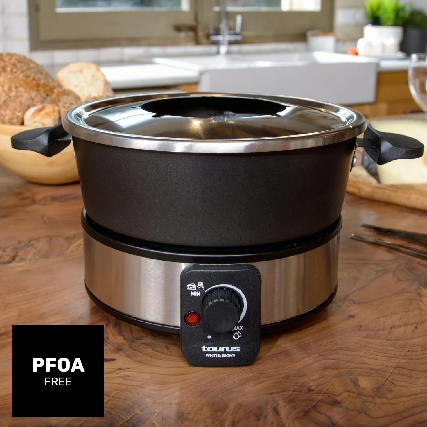 Taurus fonduta elettrica 1000W 2L termostato 200°C pentola antiaderente 8 forchette nero