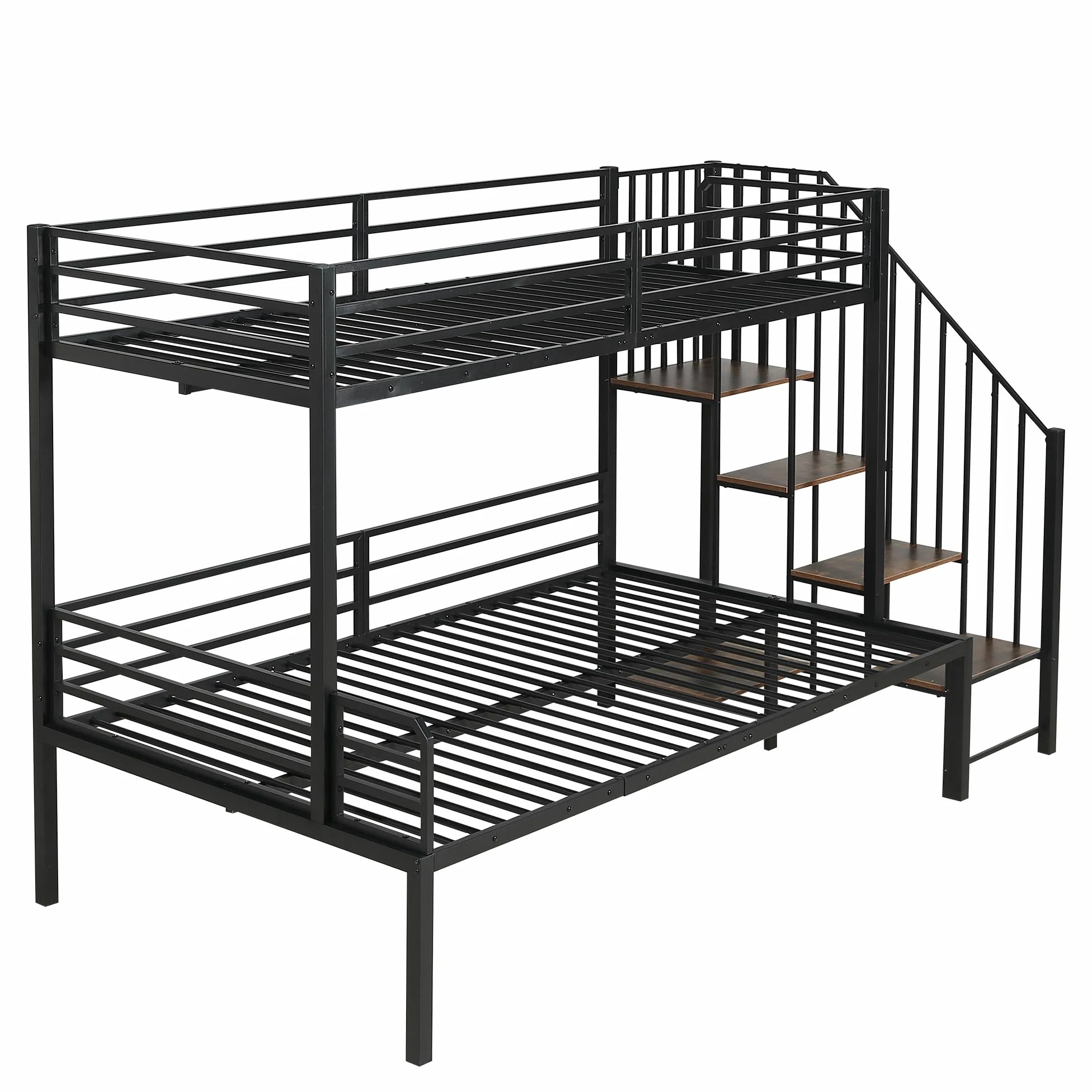 Idemon Letto in ferro a castello, cabina angolare, vano portaoggetti, MDF, nero+legno vintage, 90x200 cm e 120x200 cm