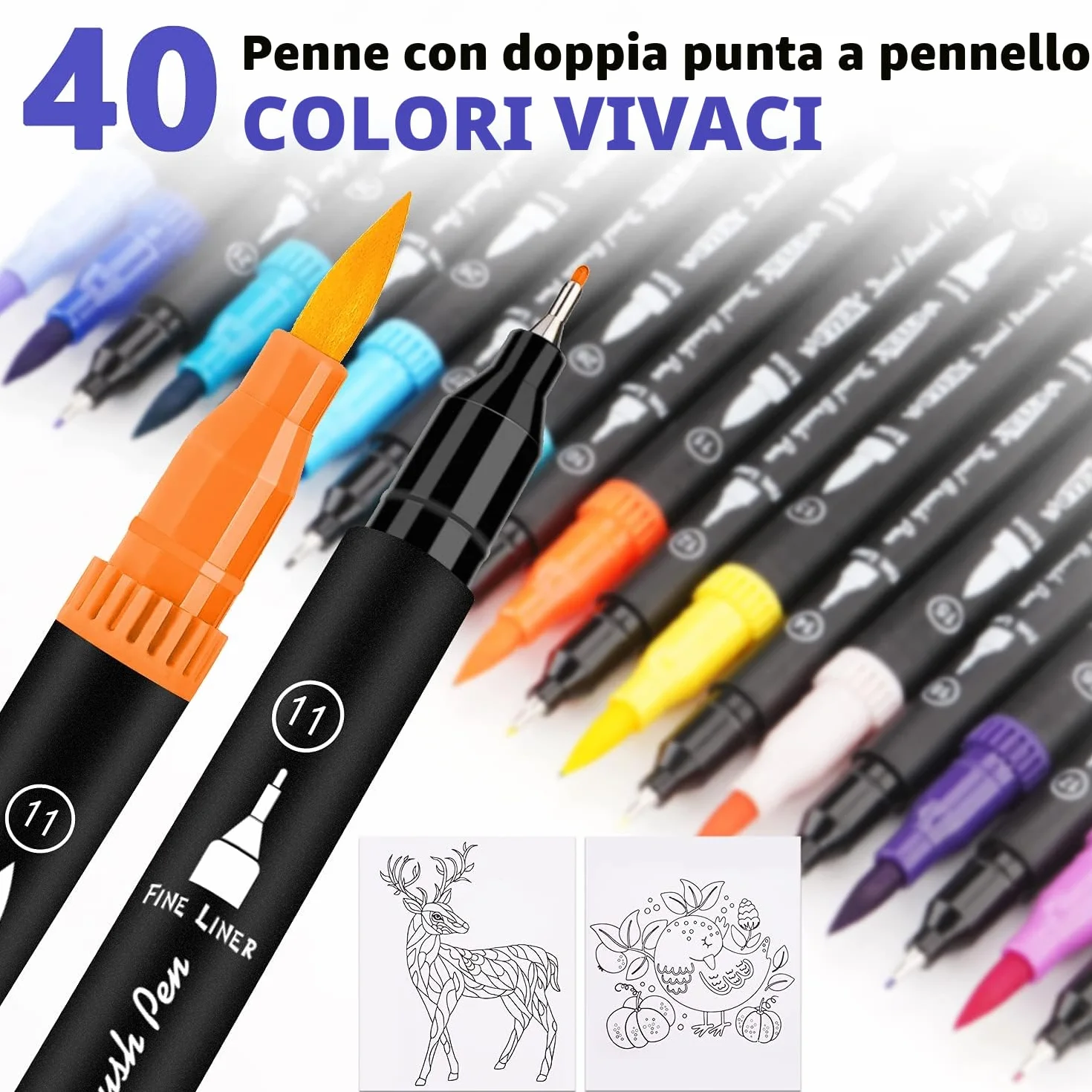 Peakness Pennarelli Doppia Punta Brush Pen, 40 Colori, Punta Fine 0,4 mm e 1-4 mm, per Calligrafia e Disegno