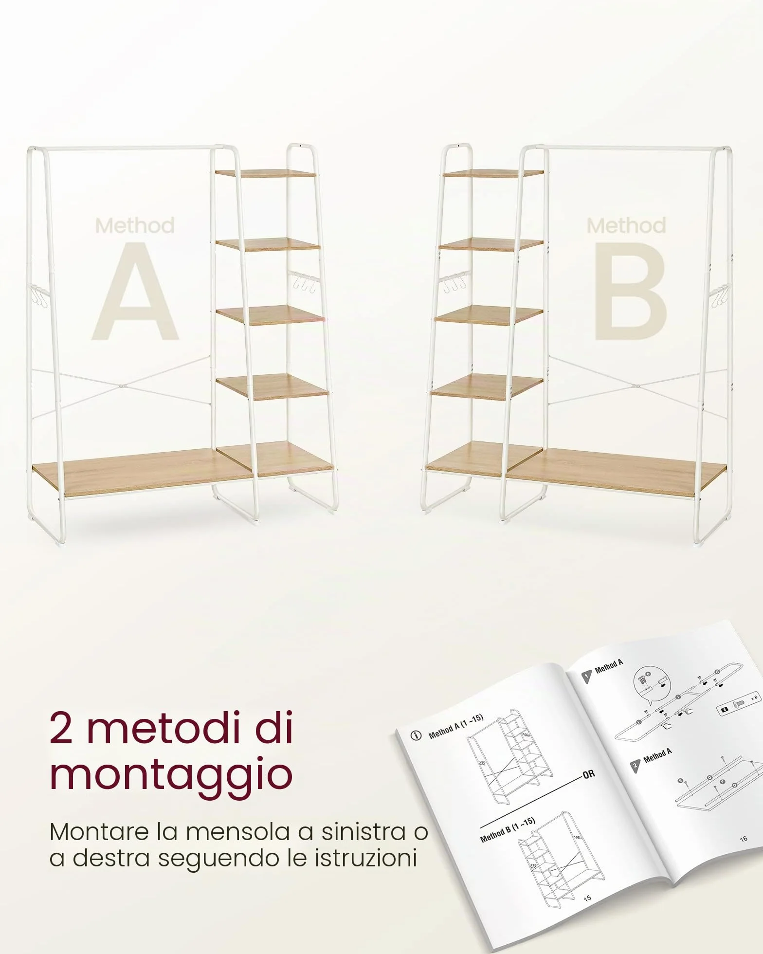VASAGLE Appendiabiti da Terra con Scarpiera, 5 Ripiani, 6 Ganci Laterali, Rovere e Bianco Opaco RGR116W09