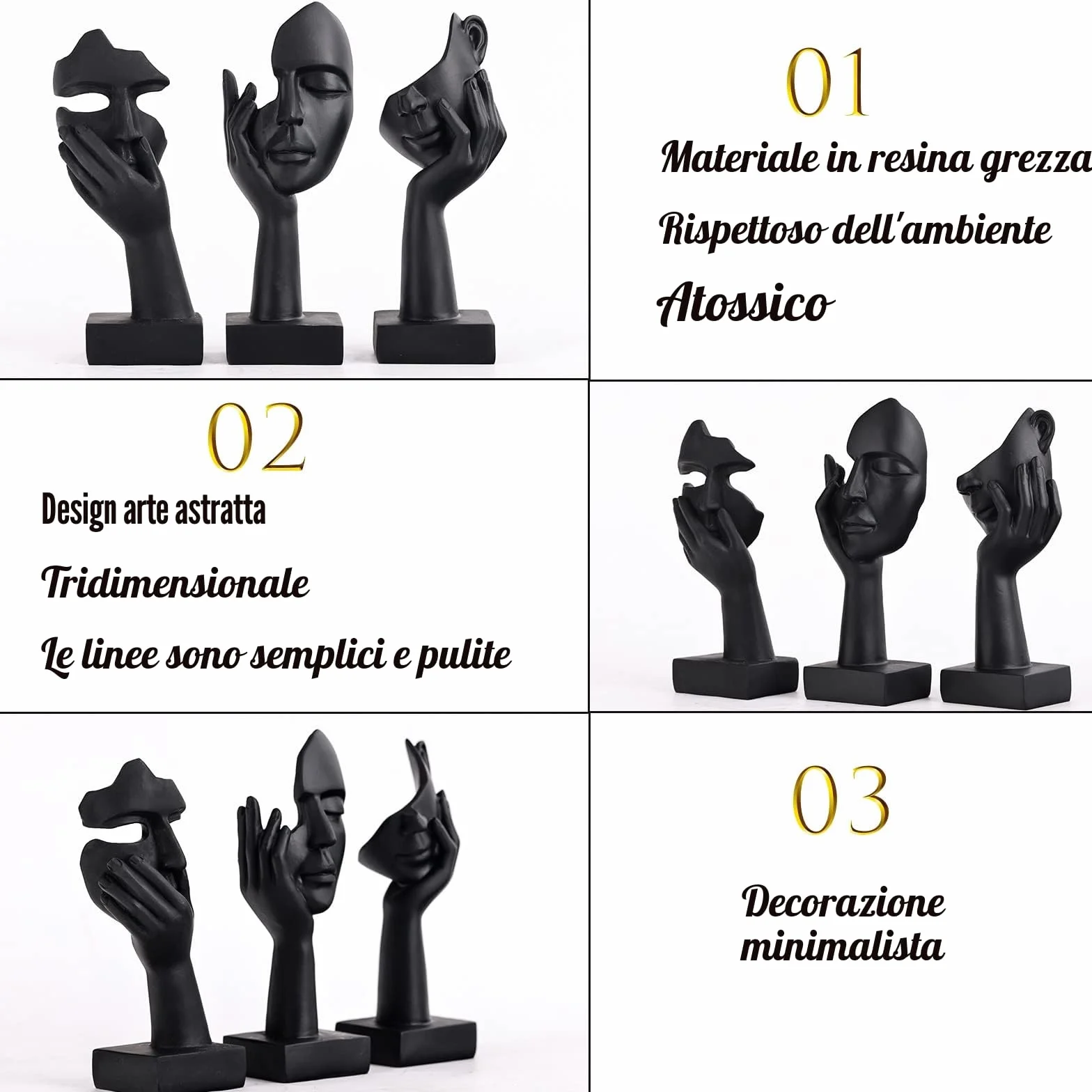 Statua con Volto di Donna Nera Decorazione per Casa Moderna Set da 3 Pezzi
