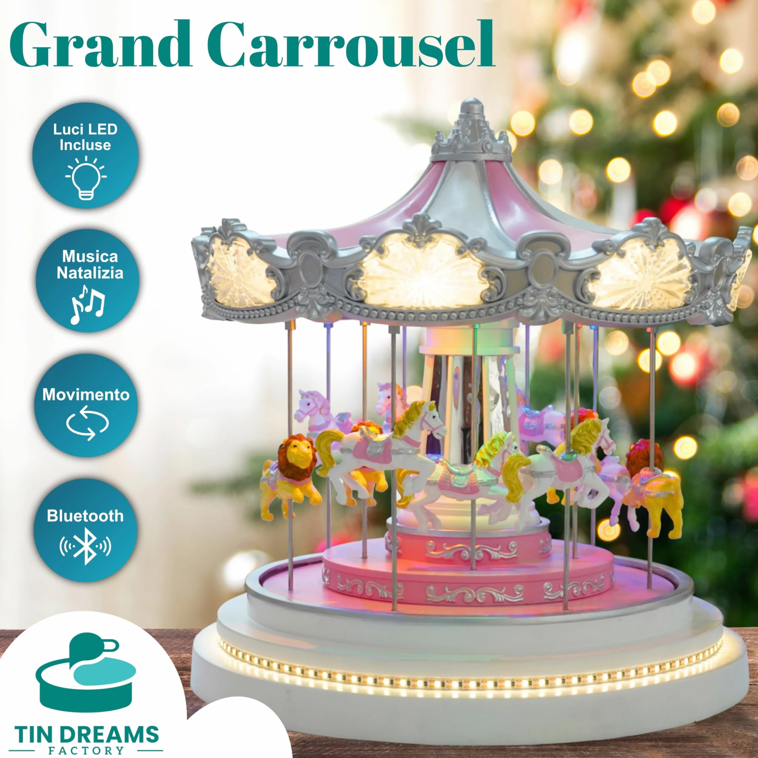 Tin Dreams| Giostra Natalizia Grande con Movimento, Musica e Luci LED| Giostrina Musicale| Villaggio di Natale, Casette, Borgo Miniatura, Scena Animata Illuminata| Addobbo Decorazioni Natalizie