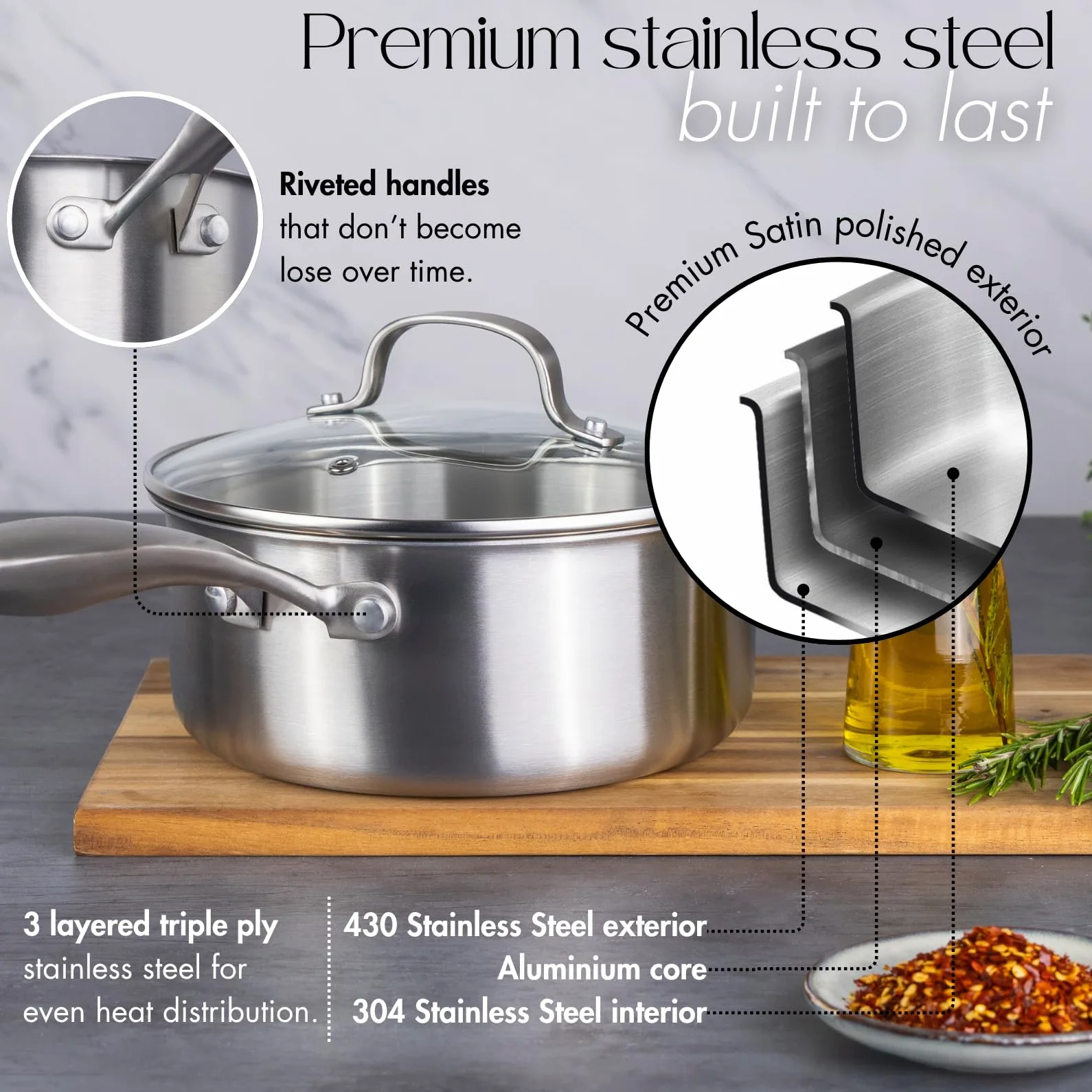 Set di pentole in acciaio inox – Pentole antiaderenti – Pentola in acciaio inox a tre strati adatta a tutti i piani cottura – 6 pezzi 16,7 cm, 18,7 cm e 20,9 cm (3 pentole + 3 coperchi) – by Nuovva