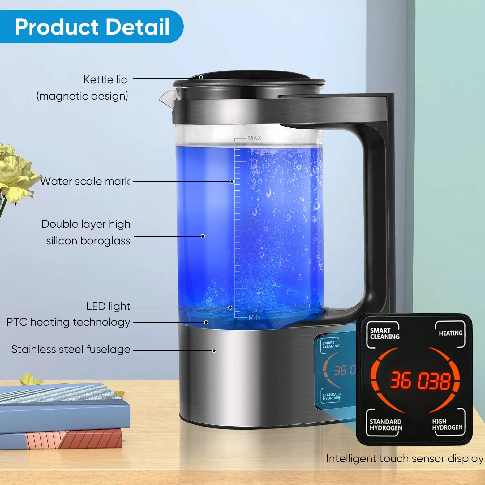 Generatore di Acqua Idrogenata, Aomdom 2L Macchina per Acqua Alcalina Ionizzata ad alta Capacità Generatore di Acqua Ionizzata con Funzione Termostato e Touch Screen a LED per uso Case e Aziende