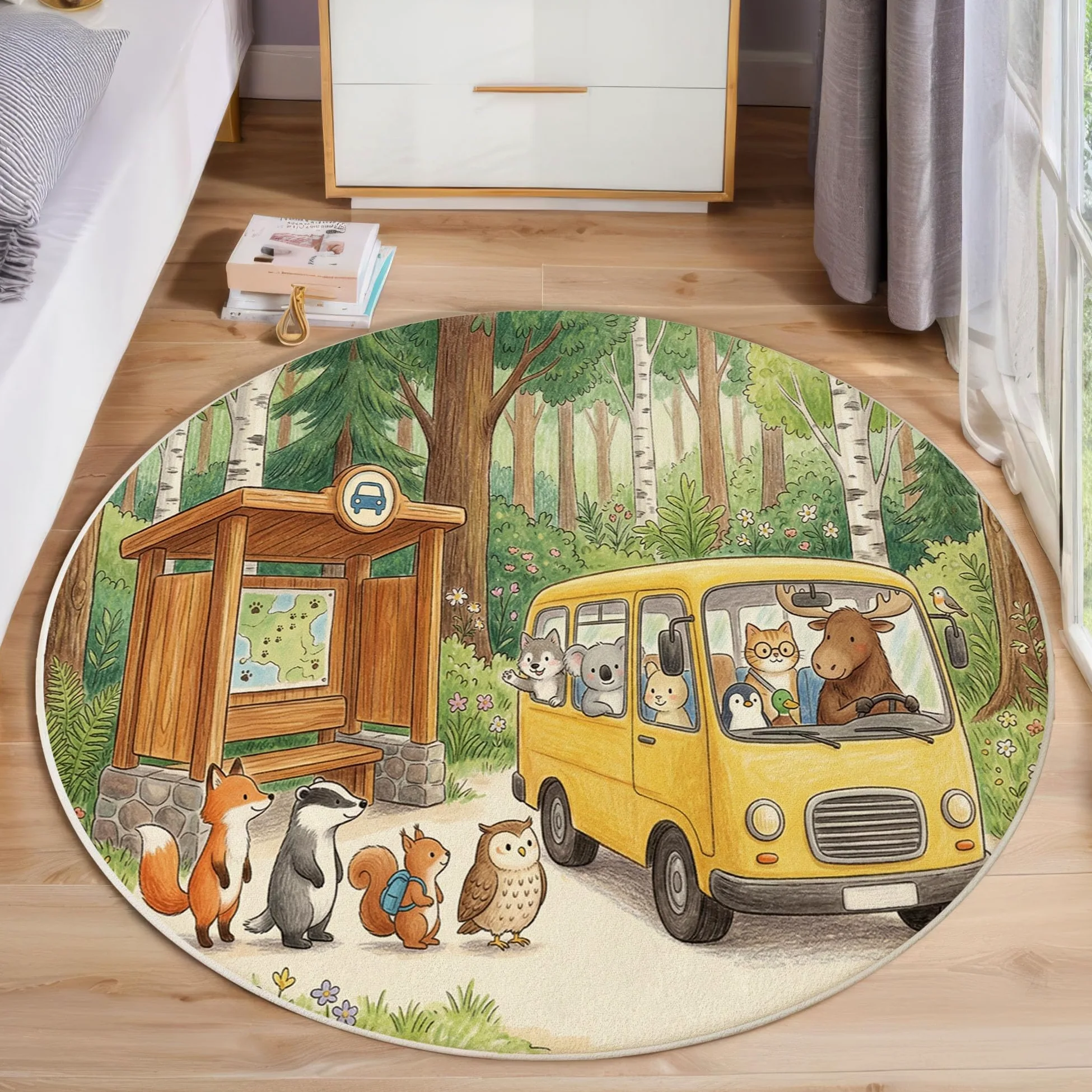 Tappeto Rotondo Bambini In Stile Fiaba Della Foresta Tappeto a Pelo Corto Fox Bus Antiscivolo, Lavabile In Lavatrice per Salotto, Cameretta dei Bambini, Dimensione: 140cm, Verde