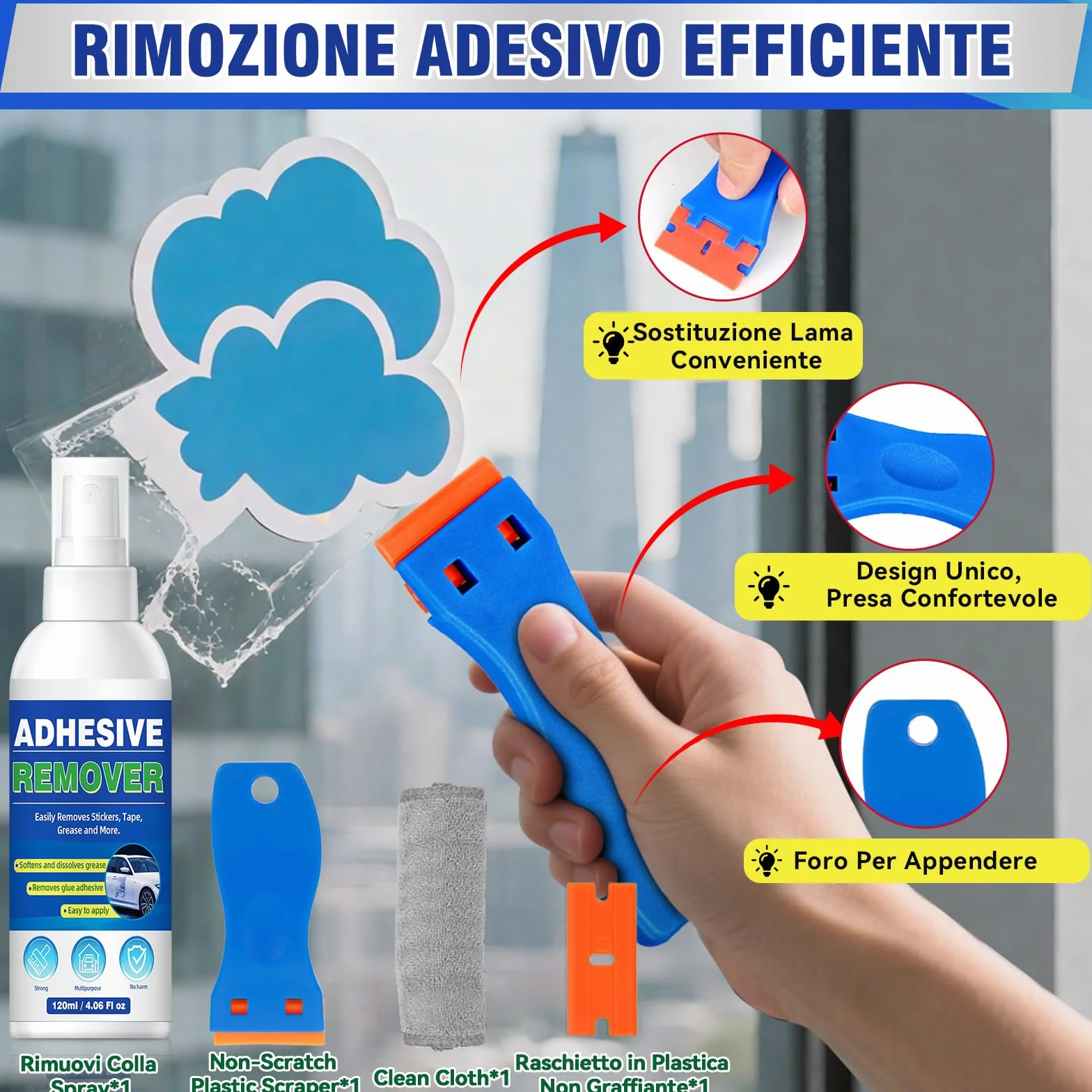 Rimuovi Colla Spray, Potente Rimuovi Colla Adesivi Pulizia dei Residui Appiccicosi, Rimuovi Silicon per Etichette, Adesivi, Nastro Adesivo da Finestre, Vetri, Auto, Legno, Metallo Superfici Multiple