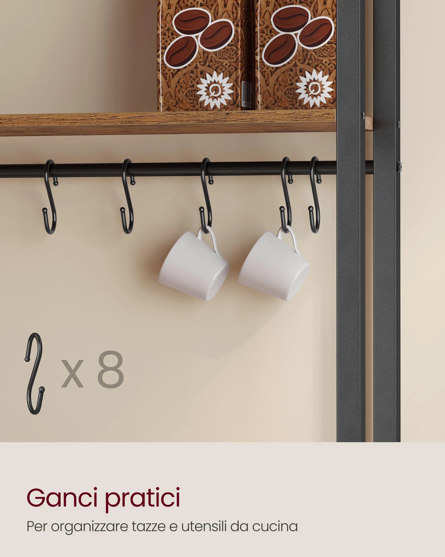 VASAGLE Scaffale Cucina con Prese, con Piano Alto 90 cm, Scaffale per Microonde con 8 Ganci, 40 x 60 x 170 cm, Marrone Vintage e Nero Inchiostro KKS058K02
