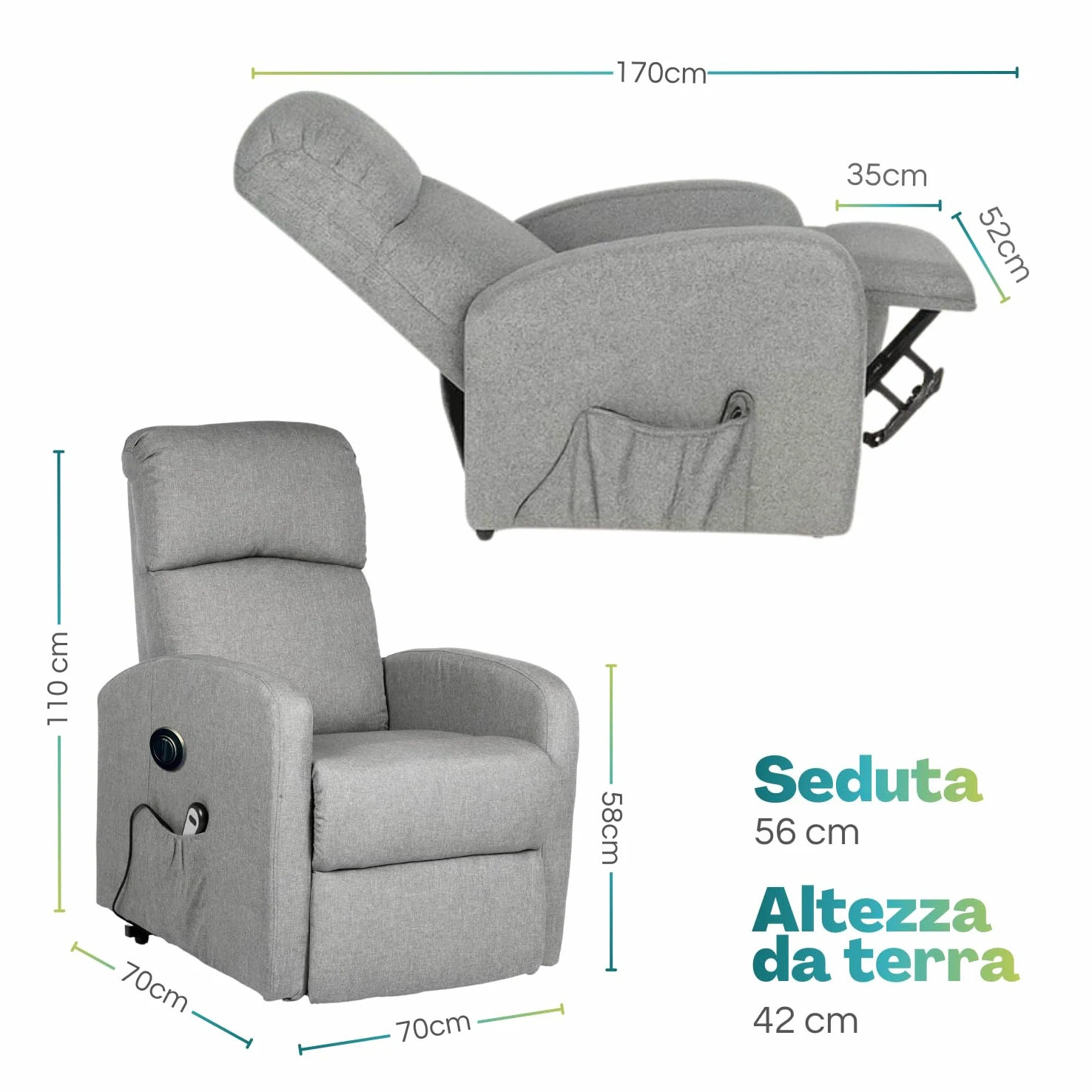 PALUPLUS Poltrona Dynamica Motorizzata Reclinabile e Massaggiante, Misura 74x77x110 cm, Poltrona in Tessuto Traspirante con Poggiapiedi, Alzapersona Automatica e 2 Ruote, Design Elegante -40 (Grigio)
