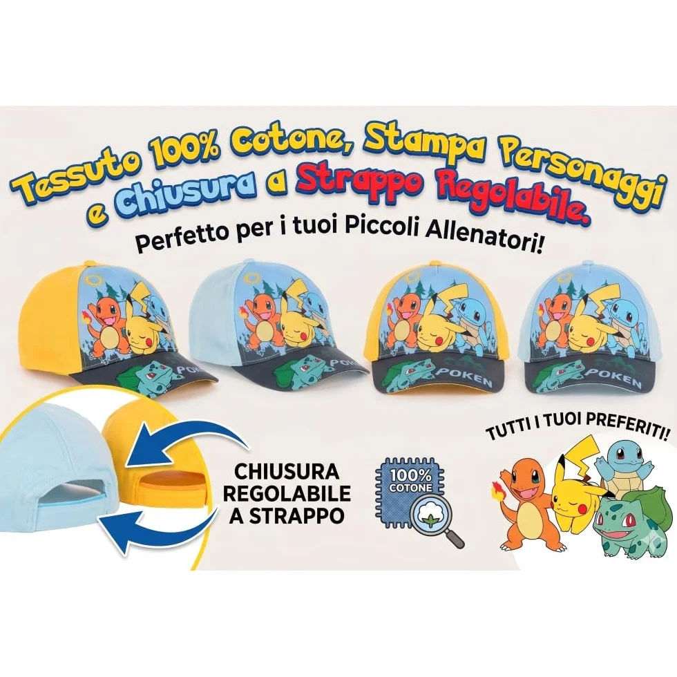 Pokémon Cappellino Bambino Visiera Regolabile Giallo Pikachu Charmander Squirtle Bulbasaur 100% Cotone