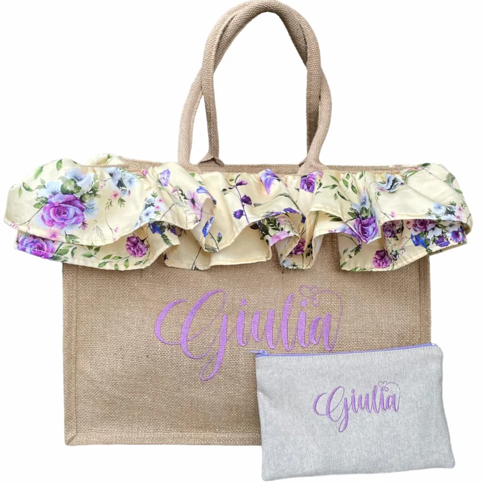 Borsa Mare in juta con ricamo personalizzata e pochette asportabile - Vacanze - Estate - Festa della Mamma