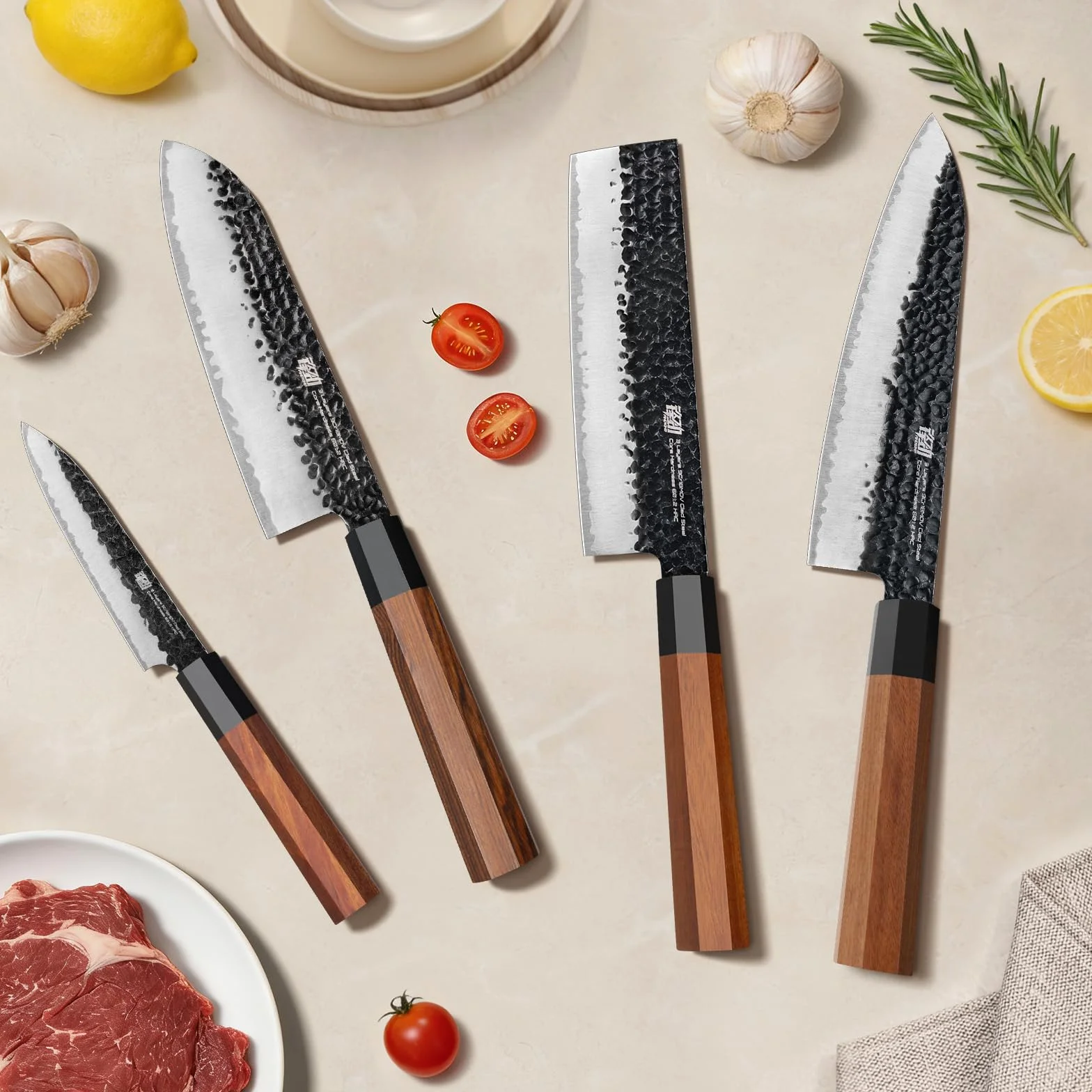 Set di coltelli da cucina FINDKING serie Dynasty 4PCS, Set di coltelli professionali da chef giapponesi, Lama in acciaio ad alto tenore di carbonio 9Cr18MoV, per carne, frutta e verdura
