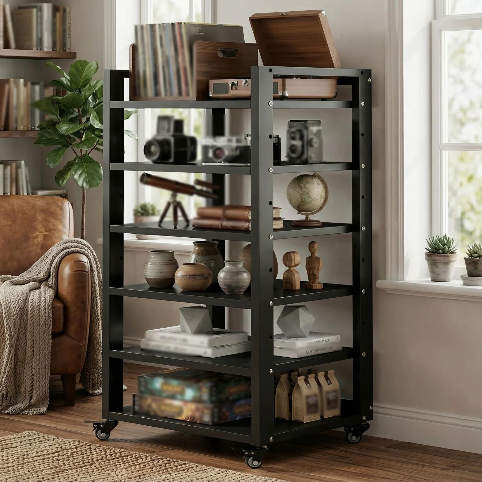 Mobile HiFi a 4 Ripiani per Giradischi e Componenti Audio - Supporto Multimediale Verticale con Struttura Robusta, Rack Stereo perfetto per Vinili, Console Gaming e Decoder, Design (A-6H, 50*40*120cm)