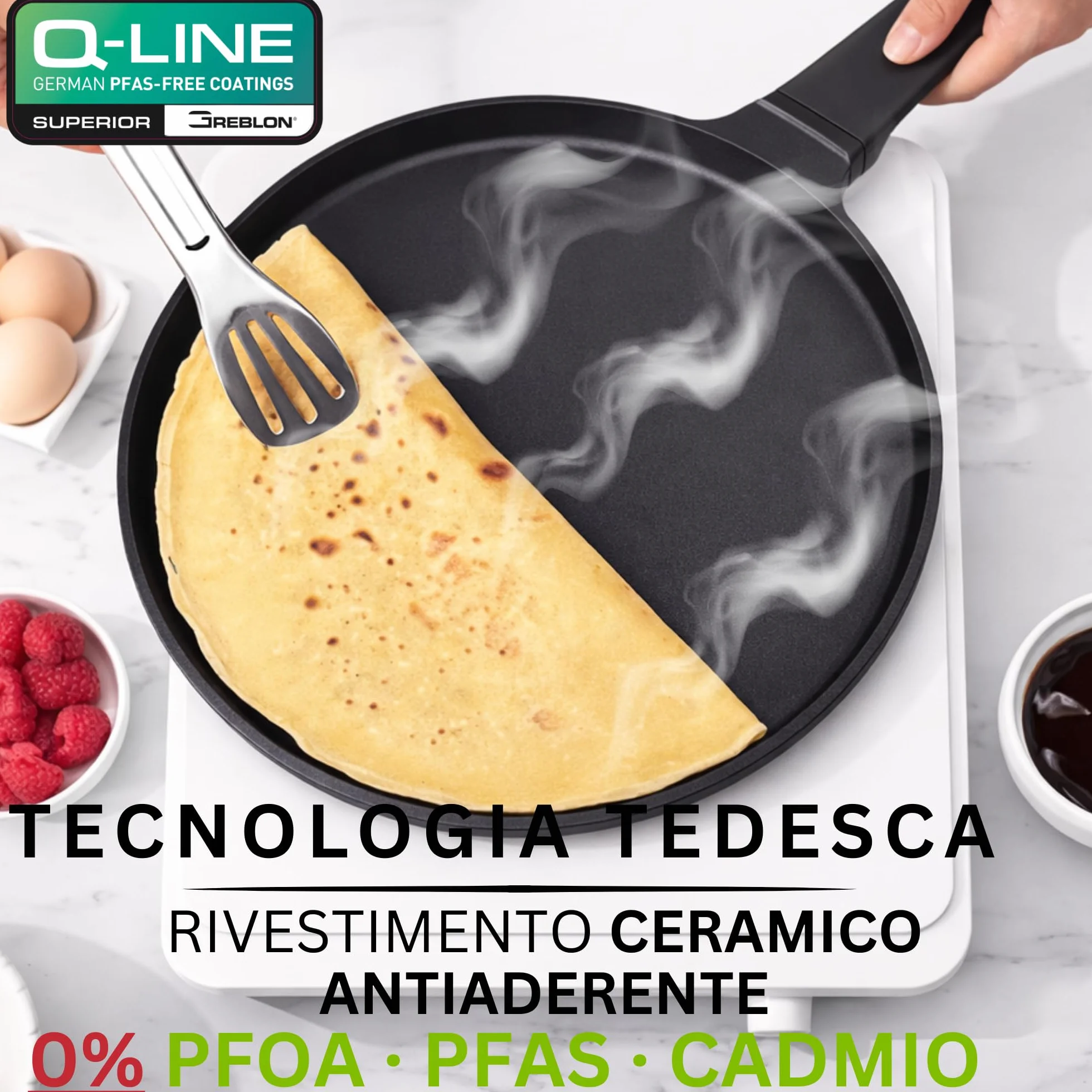 Stone&Stone Padella per Crepes e Pancake 26cm Antiaderente per Induzione e Gas | Crepiera con Rivestimento Ceramico Tedesco | Senza PFOA PFAS PTFE | Spatola e Stendi Pastella Inclusi