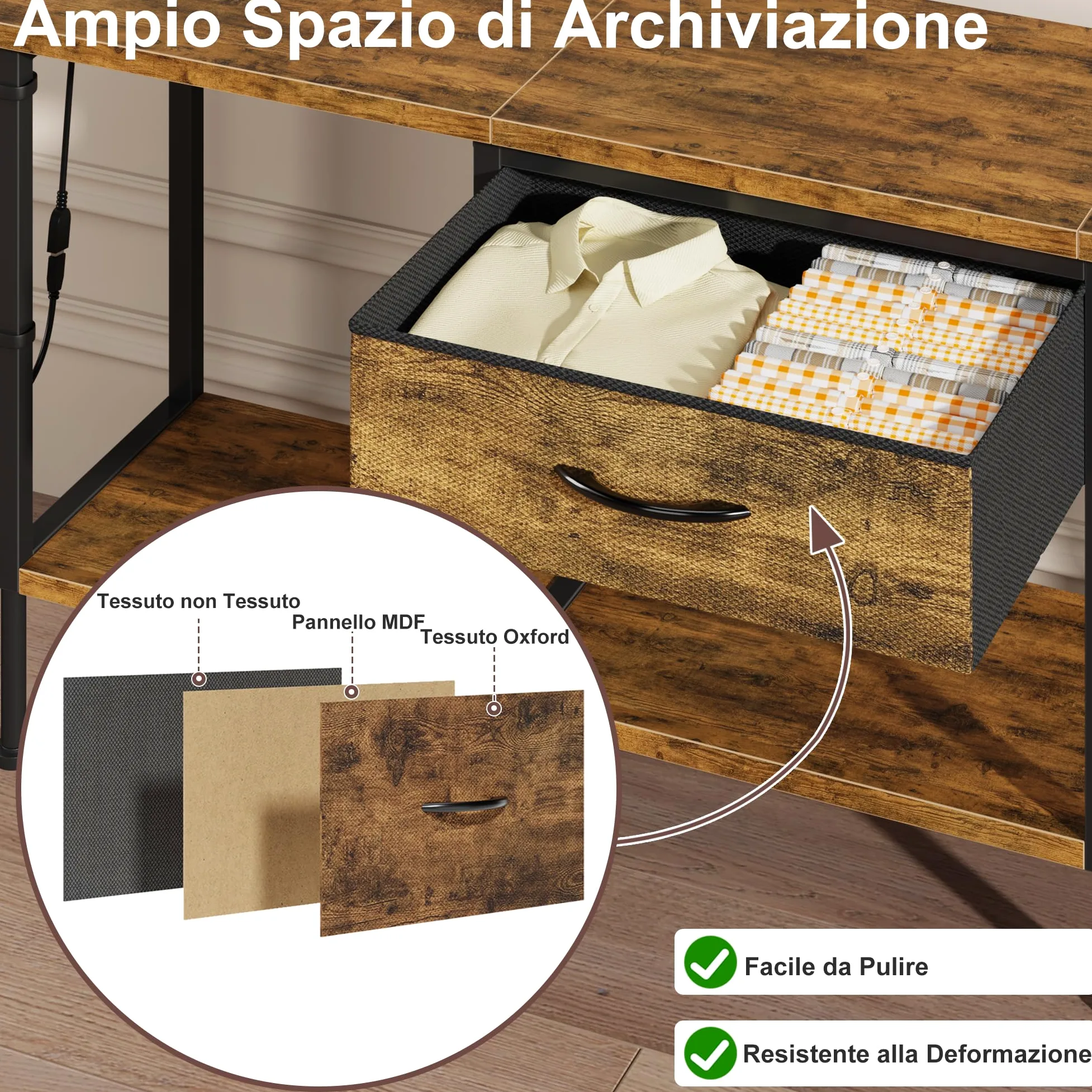 Mobile TV con Presa, Supporto TV con Illuminazione a LED, Cassetto in Tessuto e Ripiani Aperti, 120 cm Mobile TV per TV fino a 55″ per Soggiorno e Camera da Letto, Marrone Rustico