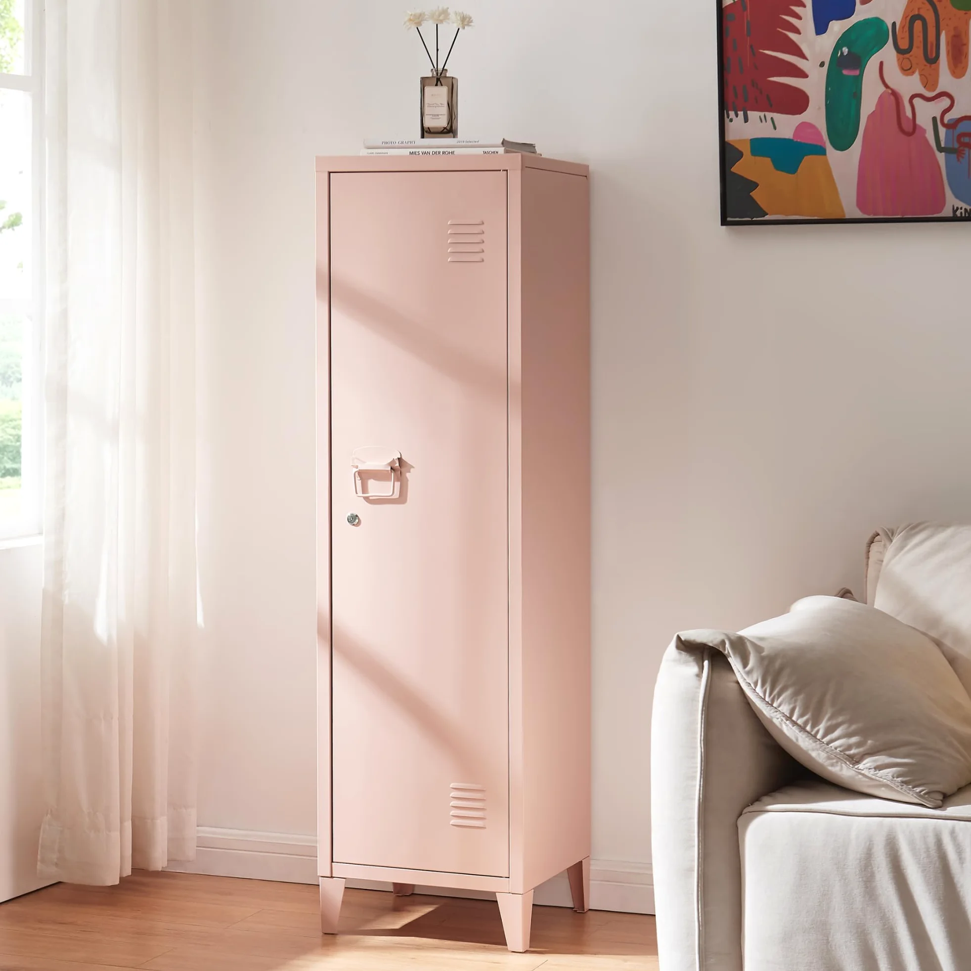 [en.casa] Armadio da Ufficio con Anta e Serratura Mobile in Acciaio per Archivio con 3 Scomparti Armadio da Spogliatoio 137 x 38 x 38 cm Beige Pesca