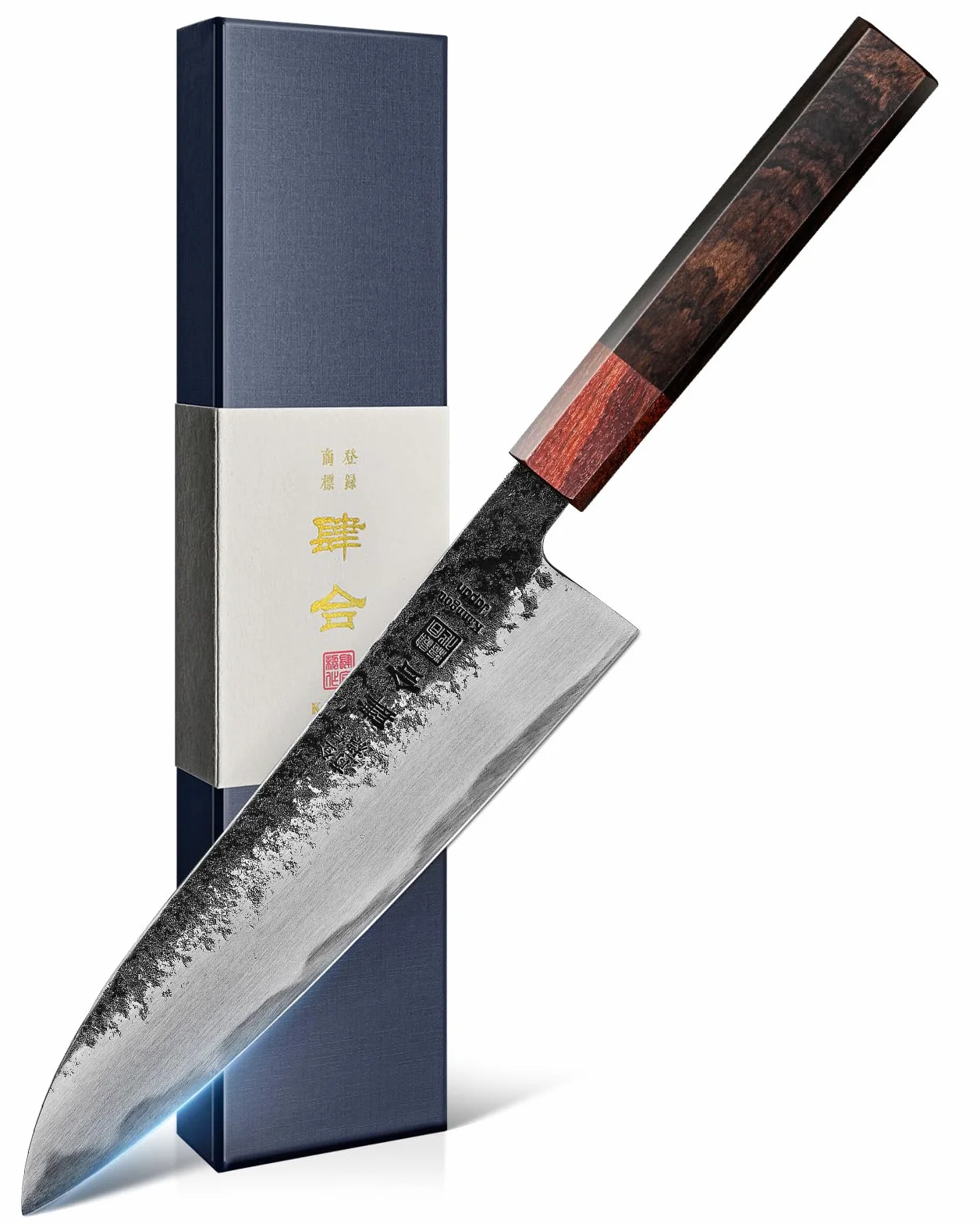Kanngou Coltello Giapponese Professionale 21cm, Coltello da Cucina Forgiato a Mano in Acciaio AUS-8, Manico Ebony