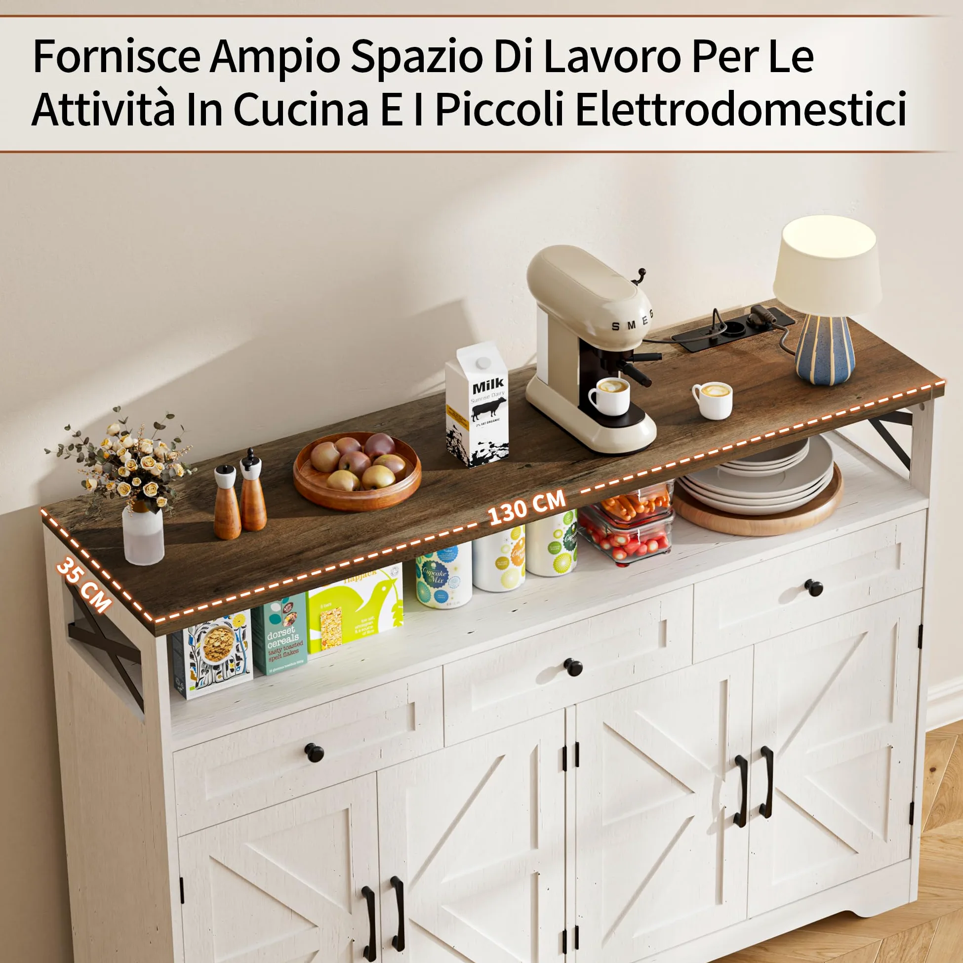 BonVache Credenza, credenza con cassetti, credenza con scaffali aperti, per cucina, sala da pranzo, soggiorno, 130 x 35 x 95 cm, bianco
