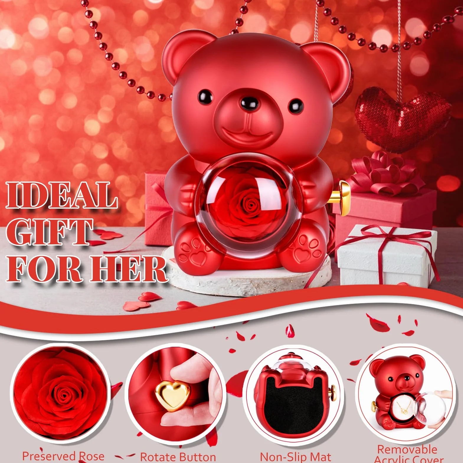 Orso di Rosa Eterna con Collana a Cuore, Orsetto Stabilizzato, Regalo San Valentino per Donna