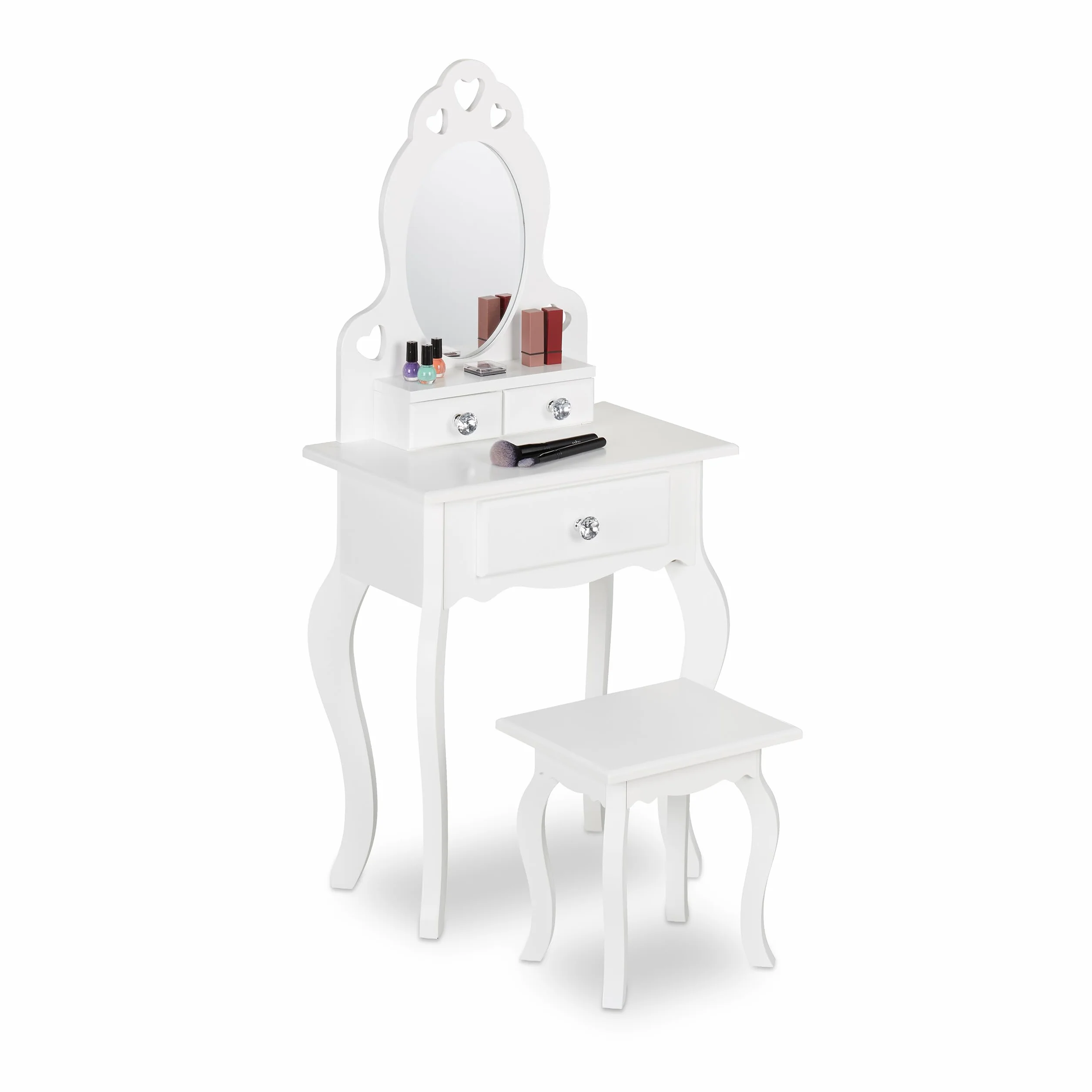 Relaxdays Toeletta Trucco Bambina, Tavolino con Specchio e Sgabello, HLP: 110 x 50 x 30 cm, a Partire dai 3 Anni, Bianco