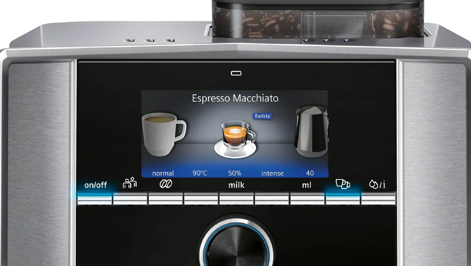 Siemens EQ.9 Plus Connect s500 TI9553X1RW - Macchina da caffè automatica collegata con schermo TFT, macinatore in ceramica silenziosa, 14 ricette di caffè, modalità barista, colore: Inox