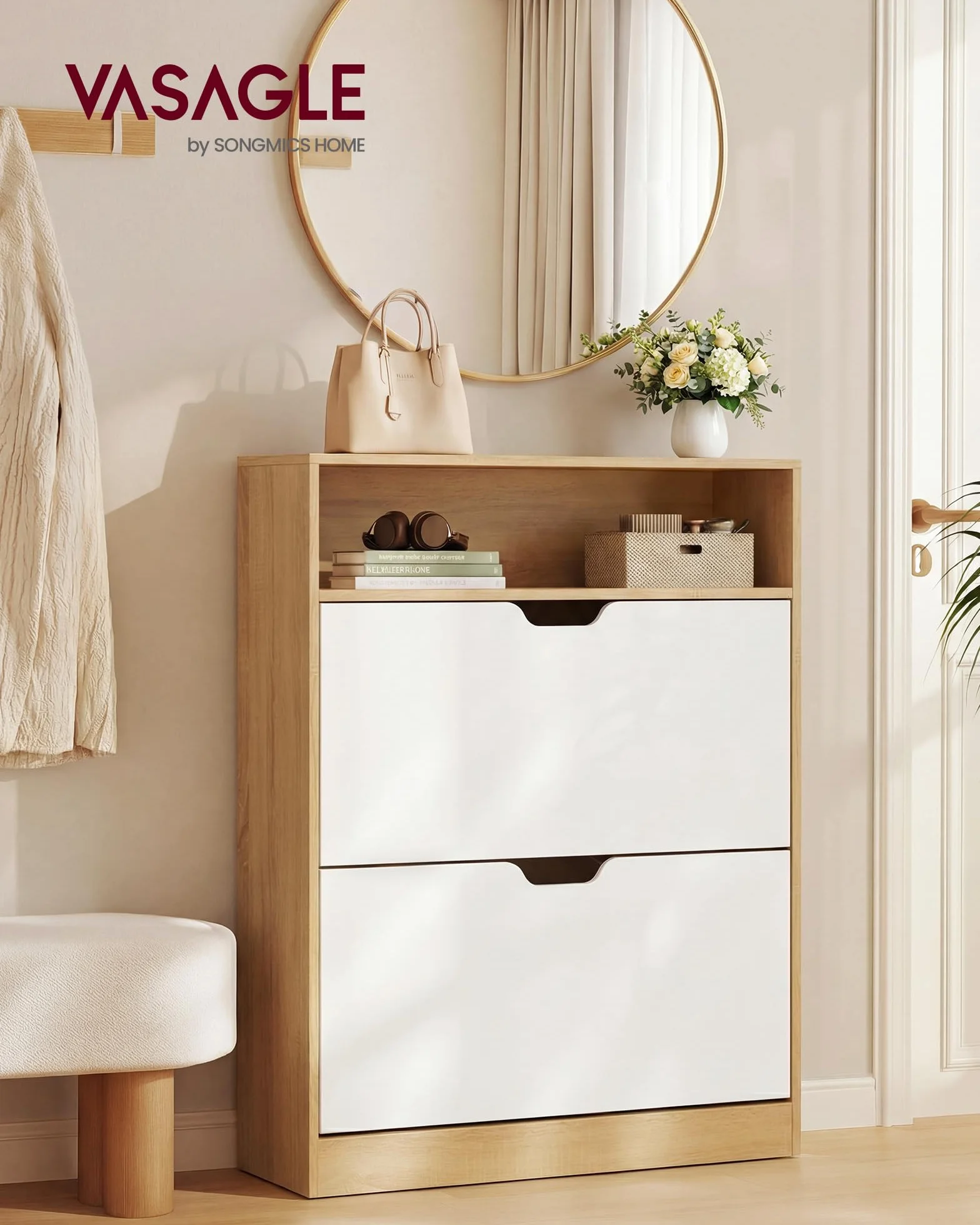 VASAGLE CUSTOS Collezione Scarpiera 24 x 80 x 102 cm 14-16 Paia Rovere Dorato e Bianco Nuvola