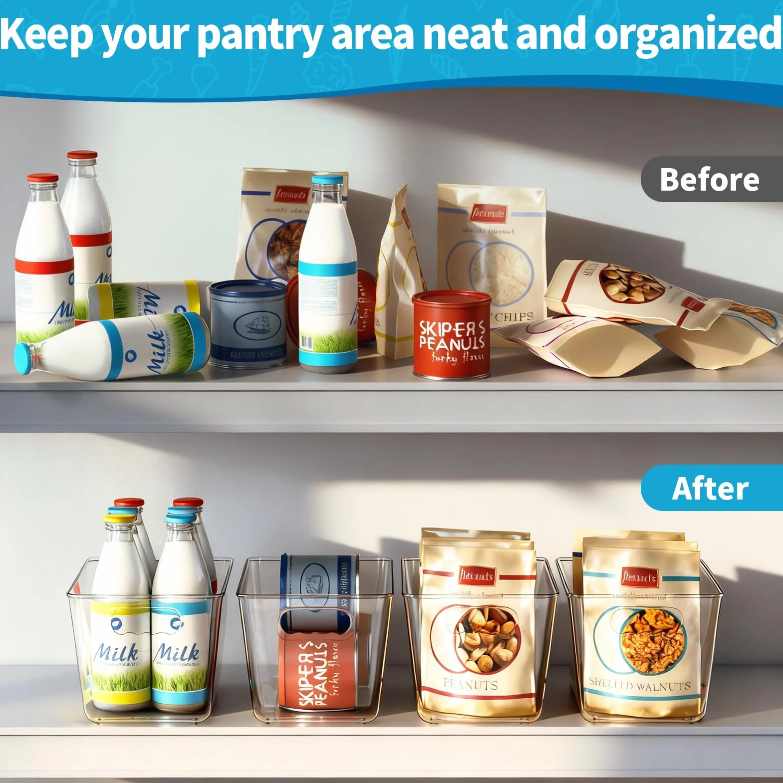 Contenitori trasparenti per dispensa, contenitori e contenitori in plastica con manico, organizer per armadietti, organizer per la casa, indispensabili per cucina, lavanderia, ufficio