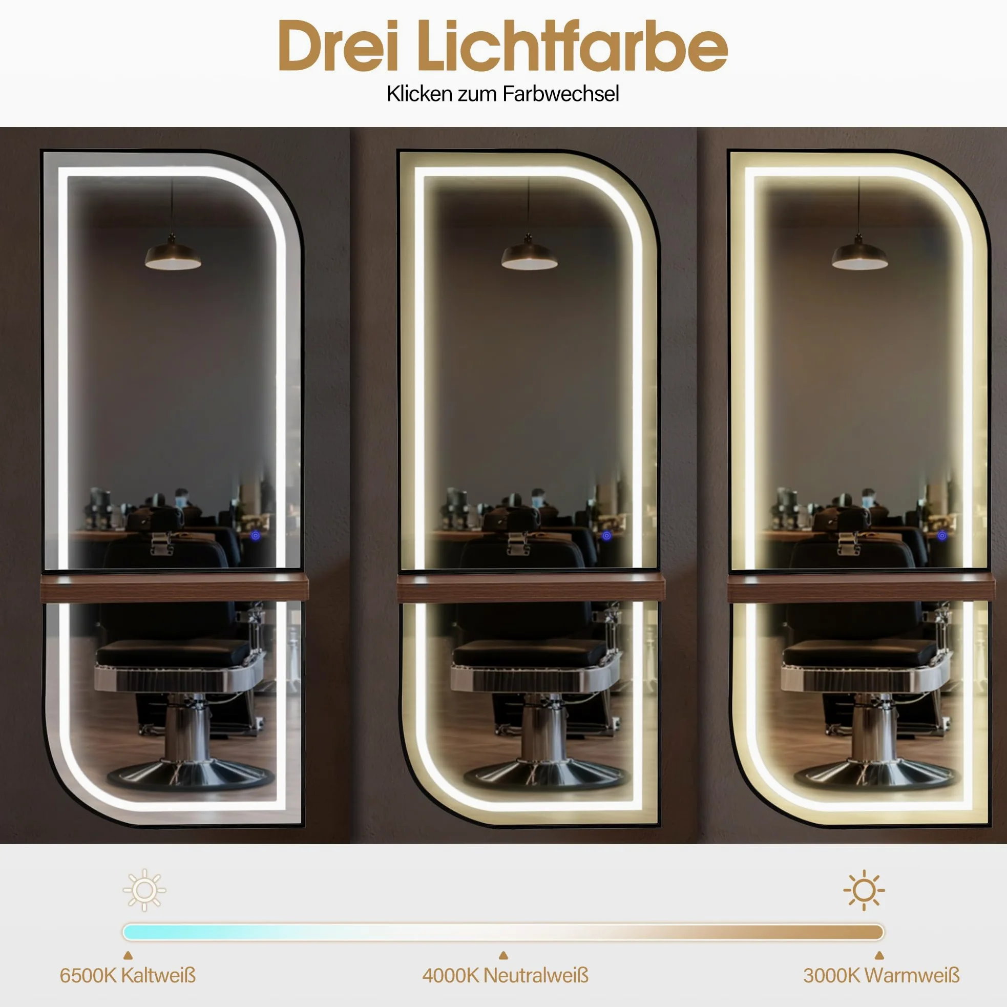 Barberpub Specchio parete con luce, intero cornice alluminio, grande con mensola, touch, 3 colori dimmerabili, per parrucchiere, 17x65x170 cm, J6298 (Nero-marrone)