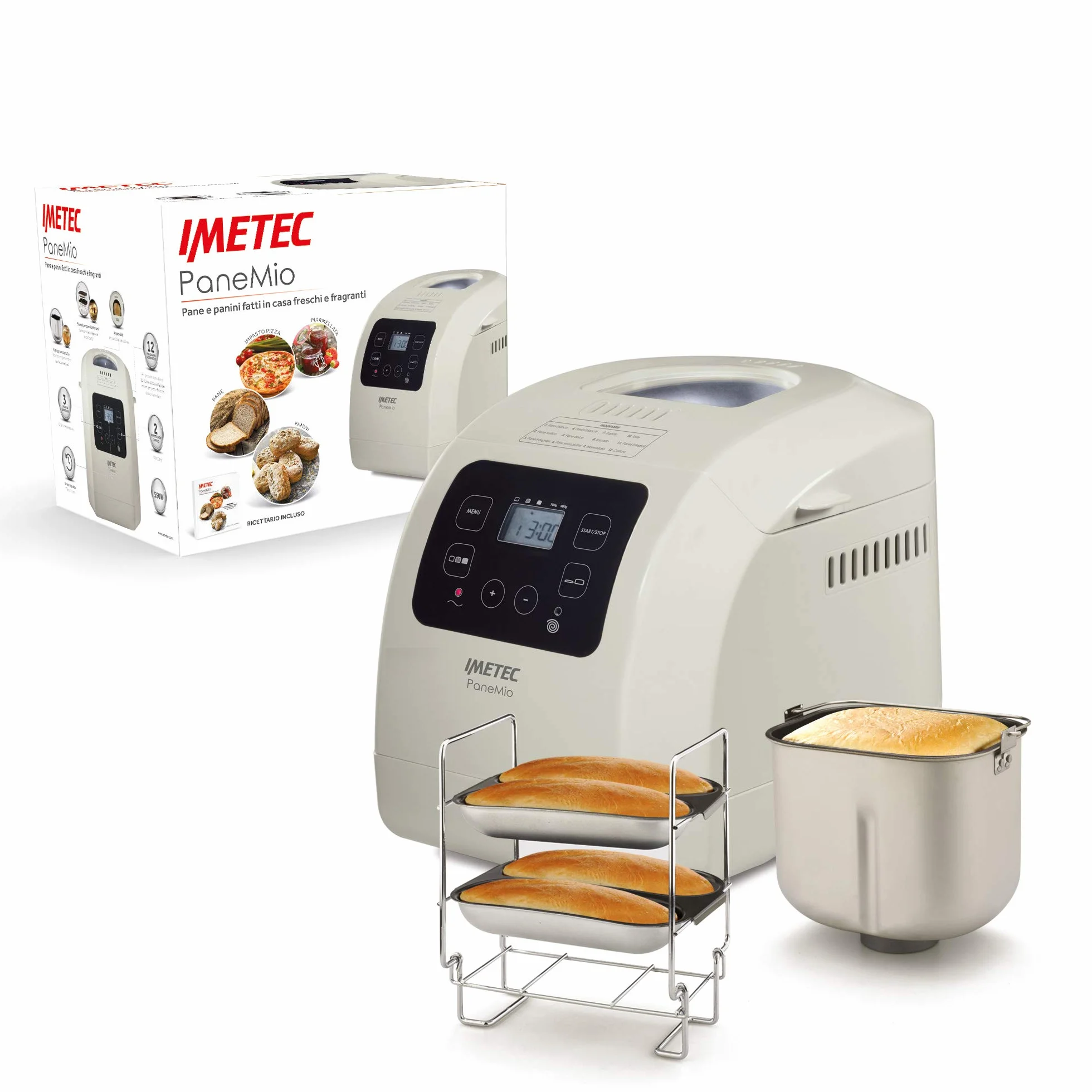 Imetec Panemio macchina del pane, Impasta lievita e cuoce, 12 programmi, cestello pagnotta, Accessorio panini, 3 livelli di doratura, Avvio programmabile, 550 W, Ricettario